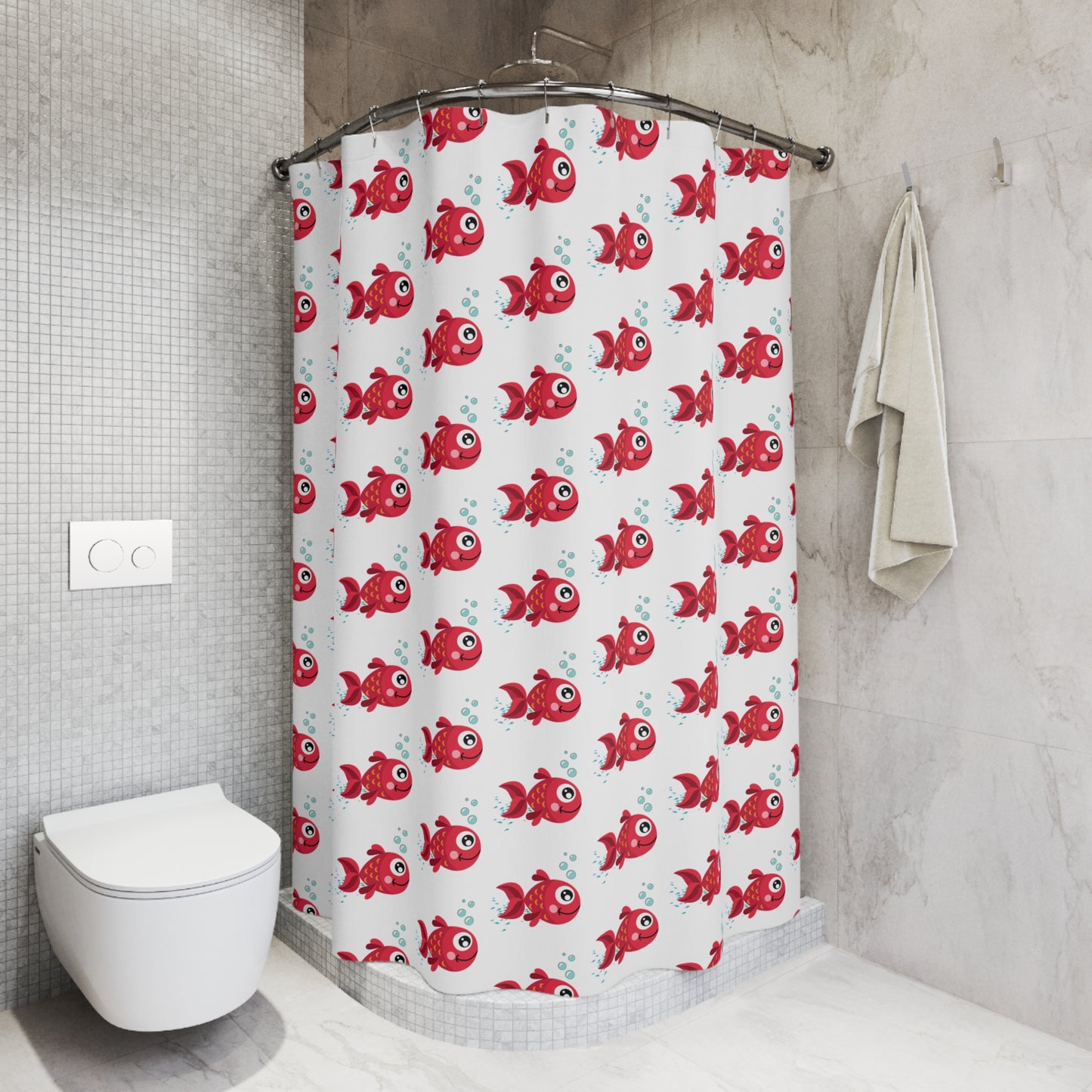 Cute Red Fish Shower Curtain — Playful Cartoon Aquarium Bathroom Decor