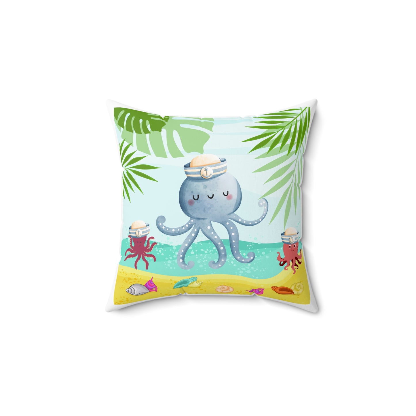 Octopus on a beach scene with tropical Spun Polyester Square Pillow