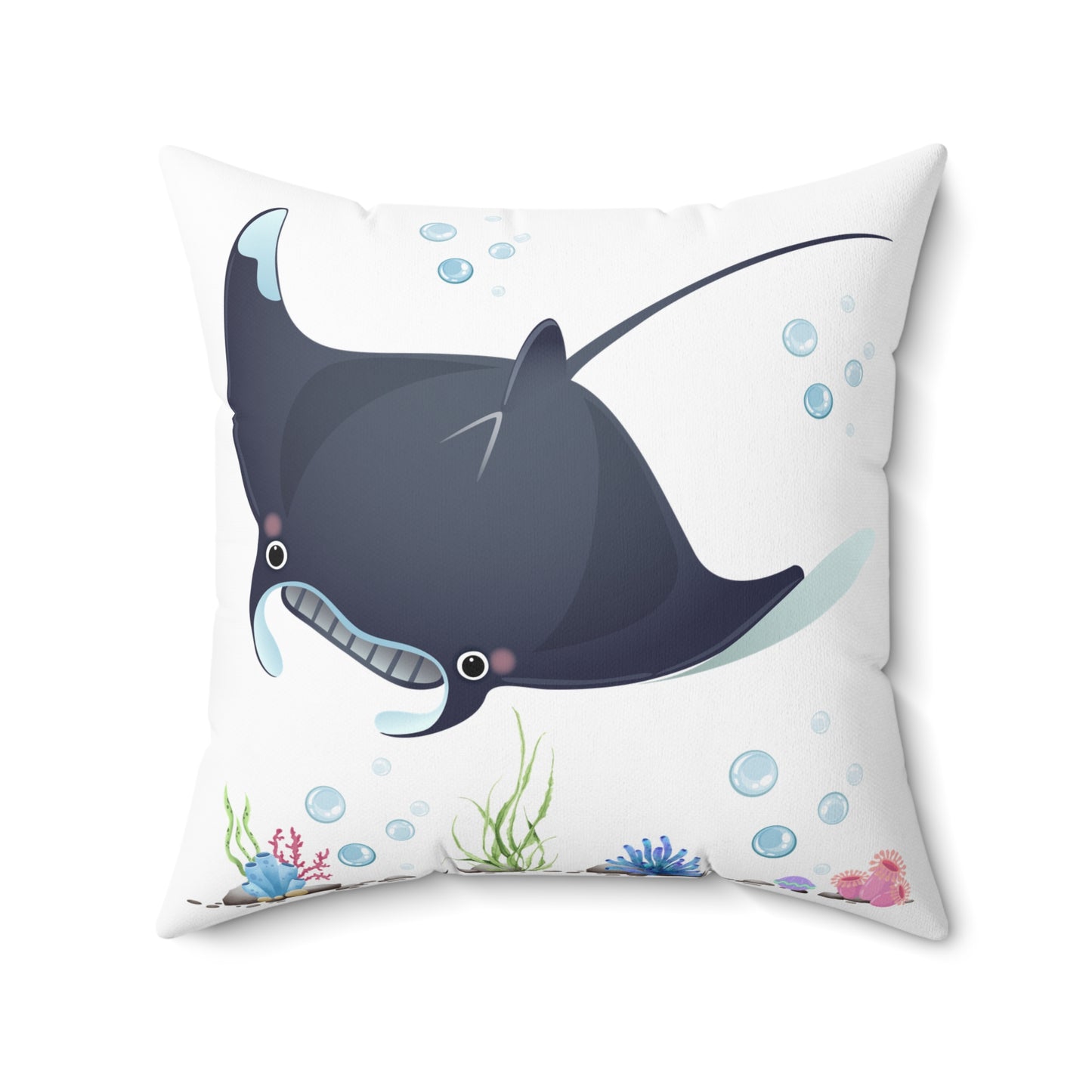 Manta ray with bubbles and coral reef Spun Polyester Square Pillow