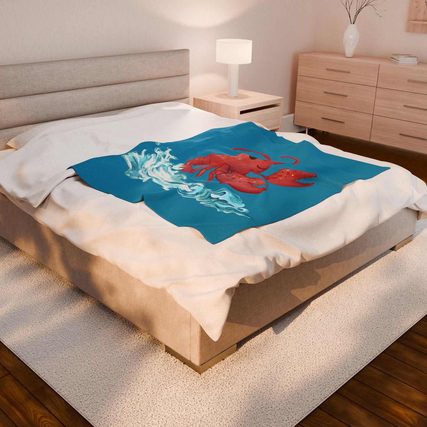 Cheerful red lobster emerging from stylized blue waves Velveteen Plush Blanket
