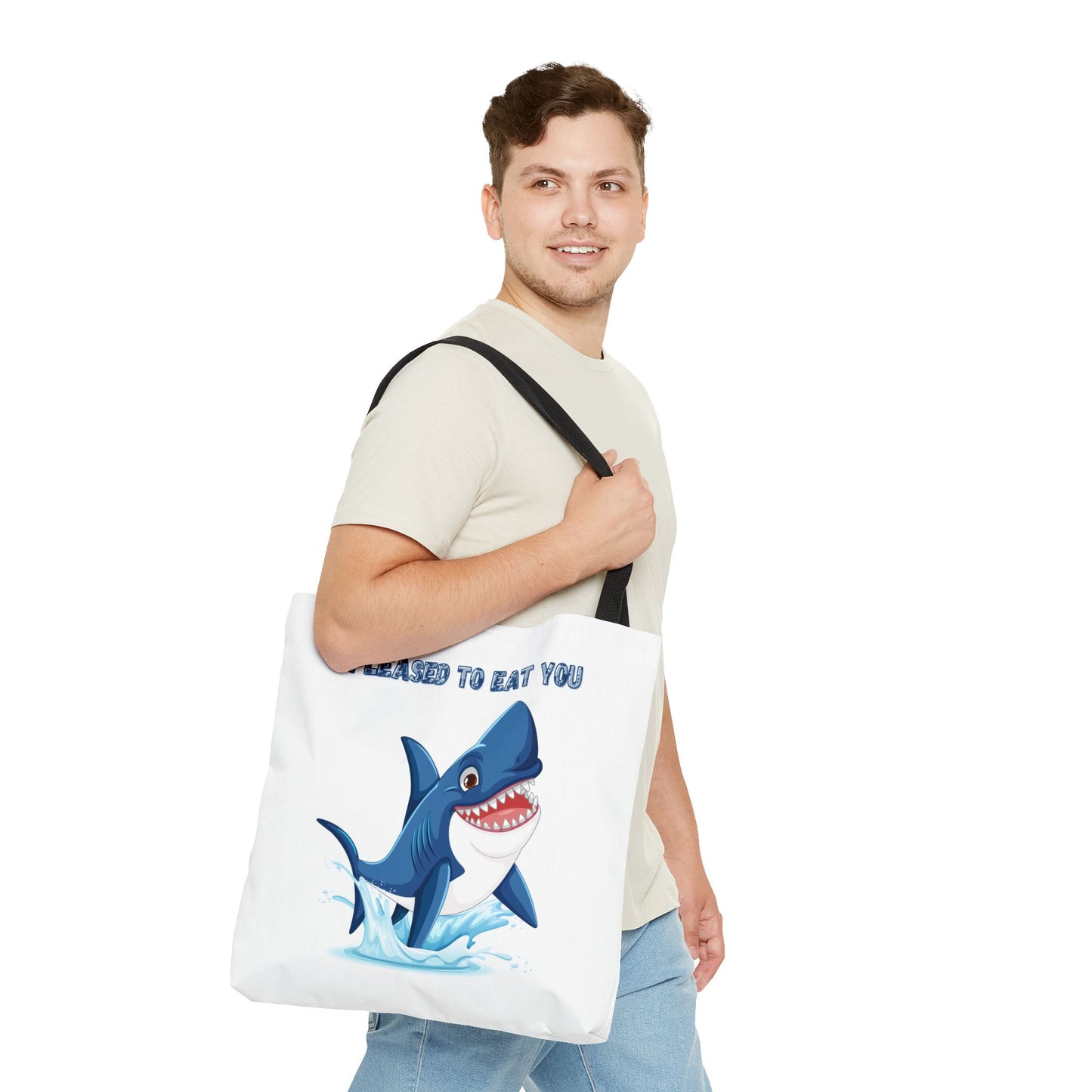 Humorous cartoon shark with threatening text Tote Bag