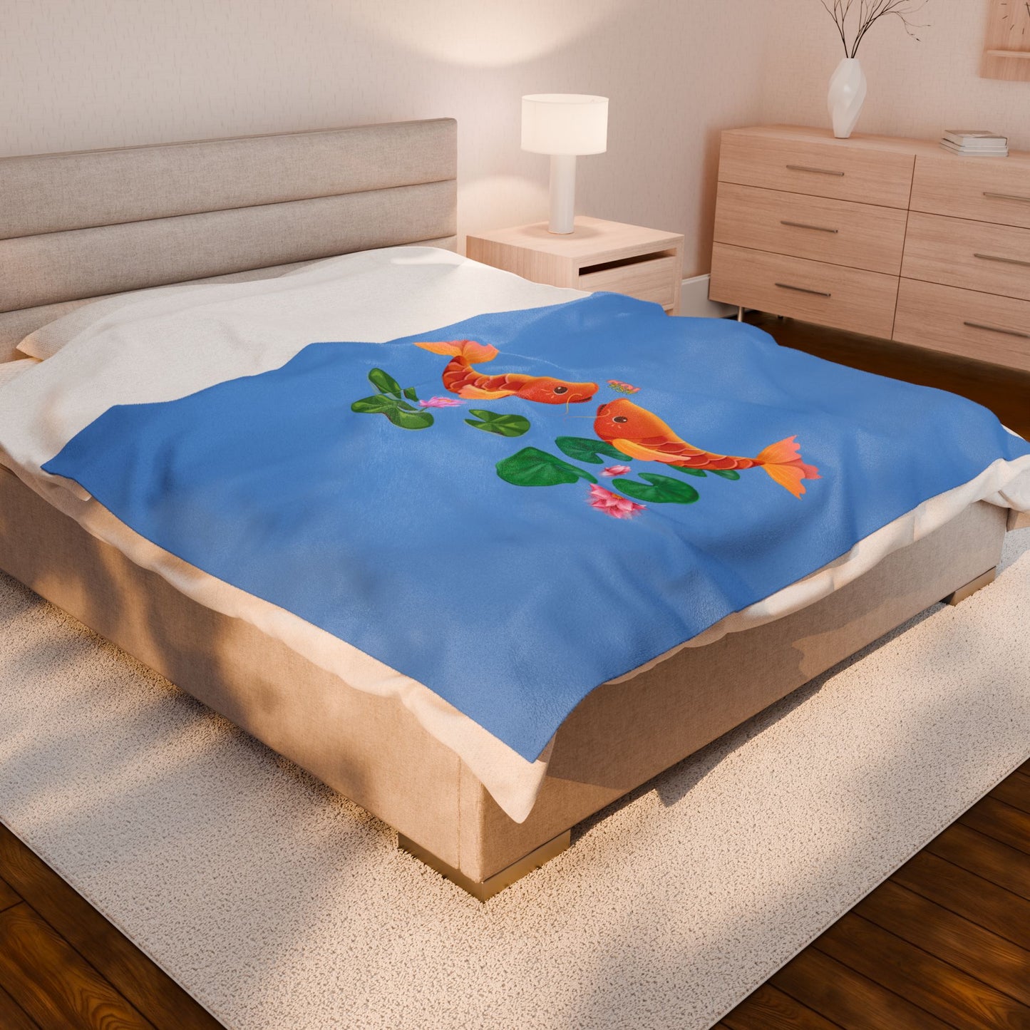 Golden koi fish with lotus flowers Velveteen Plush Blanket