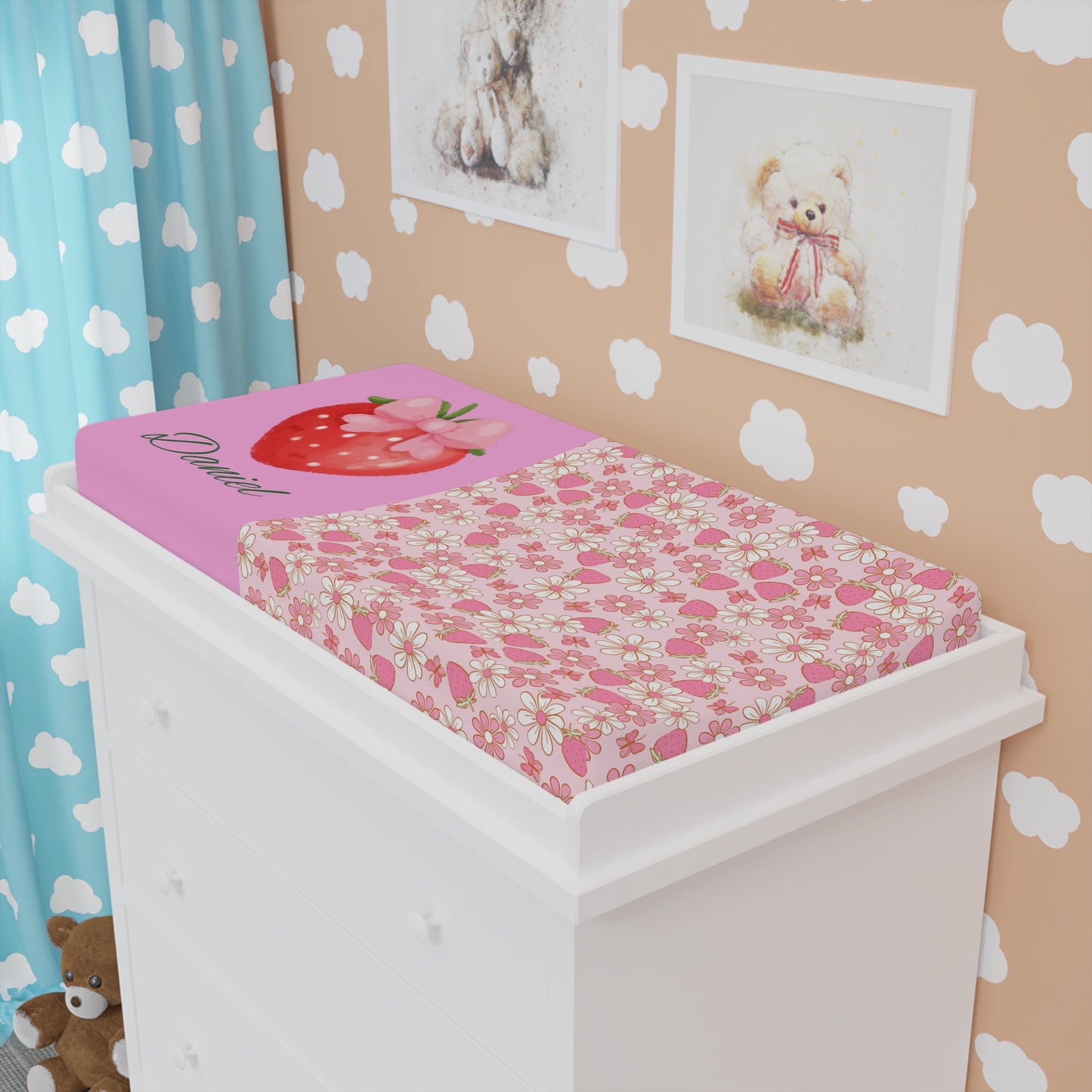 Strawberry Blossom Baby Changing Pad Cover — Pink Floral Nursery Decor