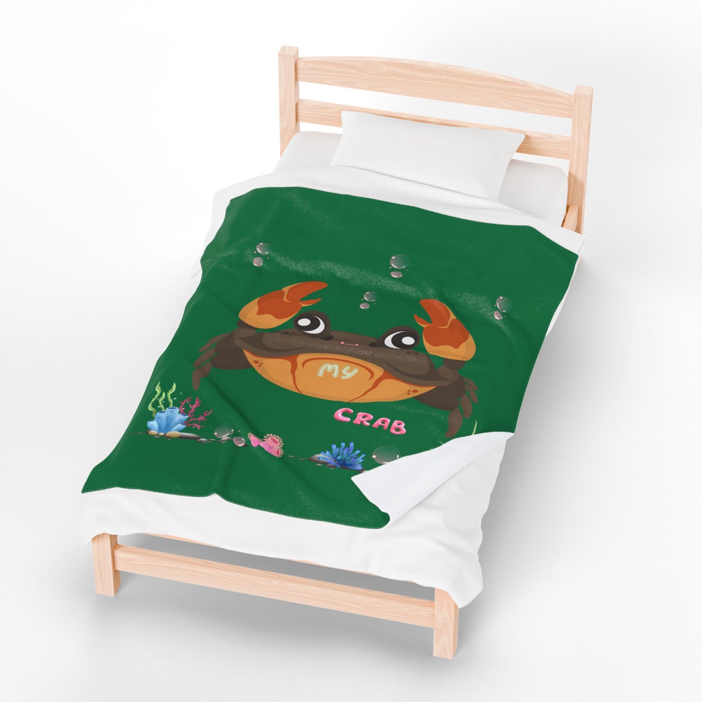 Crab with subtle bubbles and underwater flora Velveteen Plush Blanket