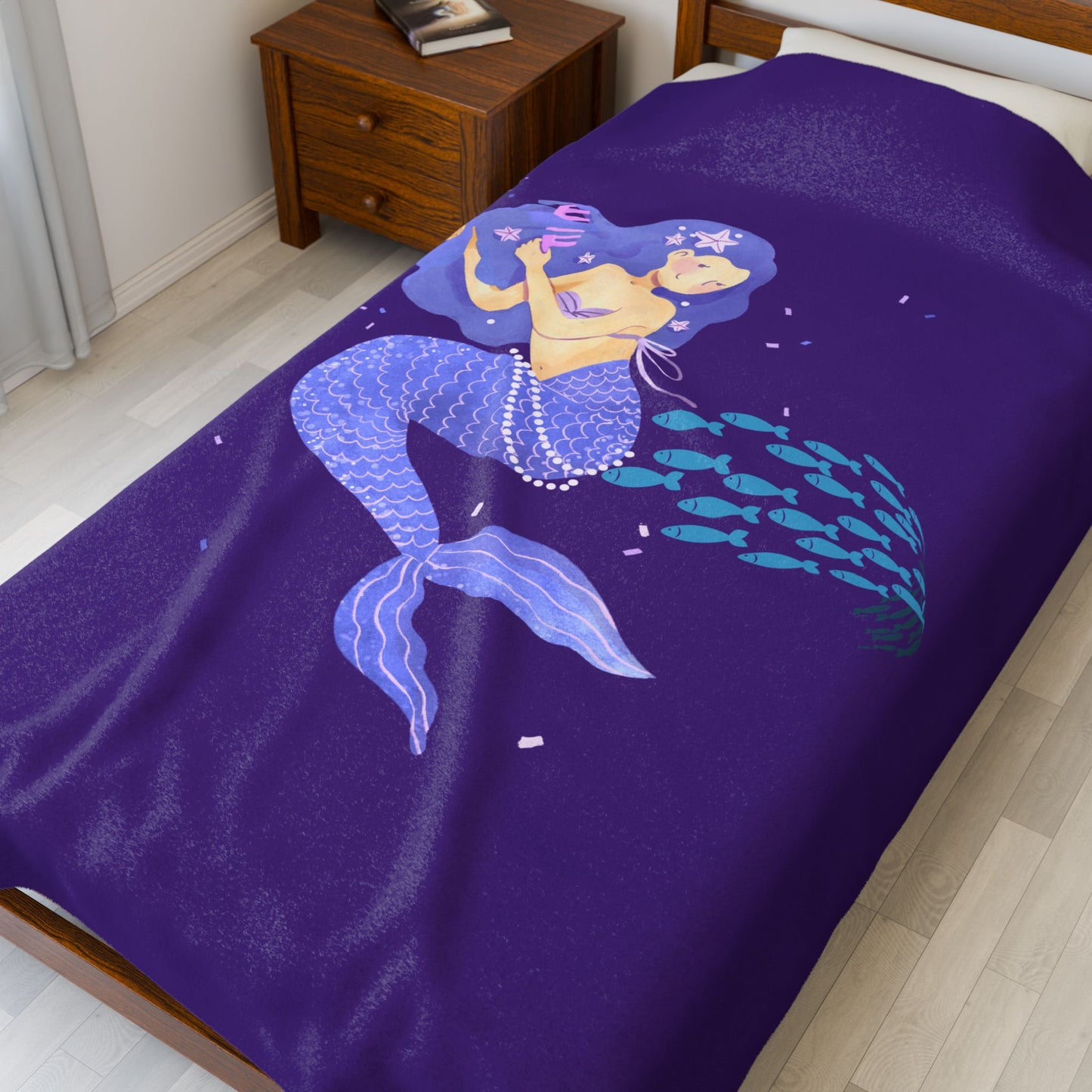 The mermaid and her school fish Velveteen Plush Blanket