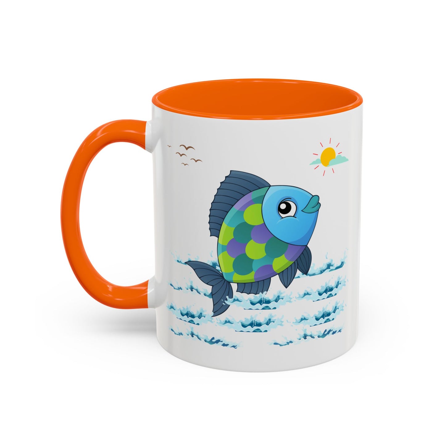 Fish with a sun and birds in the sky above water Coffee Mug