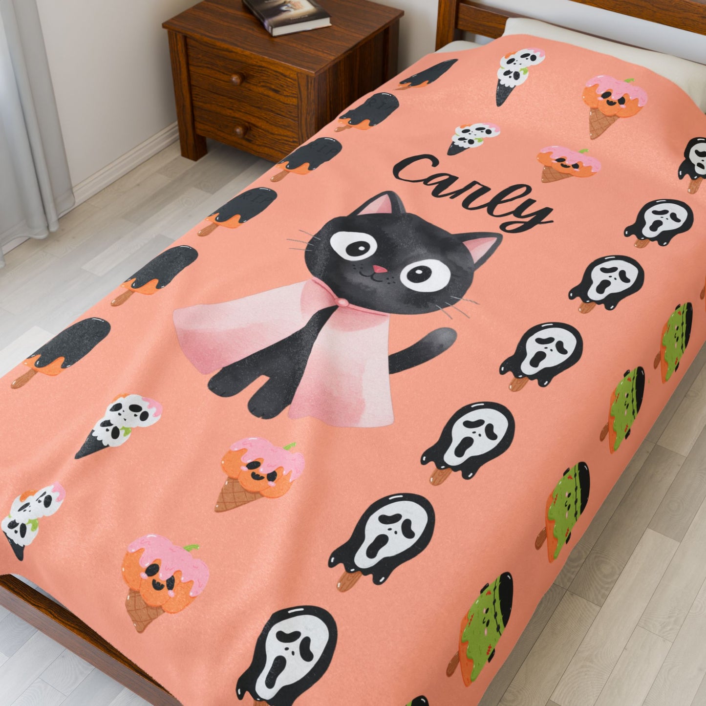 Adorable Personalized Cat Plush Blanket for Kids, Cozy Halloween Blanket, Cute Gift for Cat Lovers, Child's Room Decor, Fleece Throw