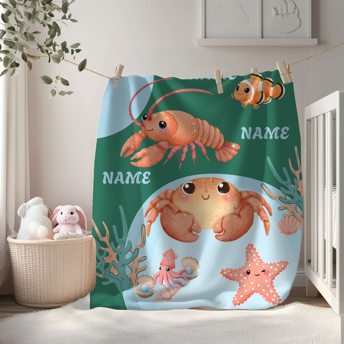Personalized Ocean-Themed Velveteen Plush Blanket, Kids Beach Decor, Custom Name Gift, Nursery Room Accessories, Sea Life Throw