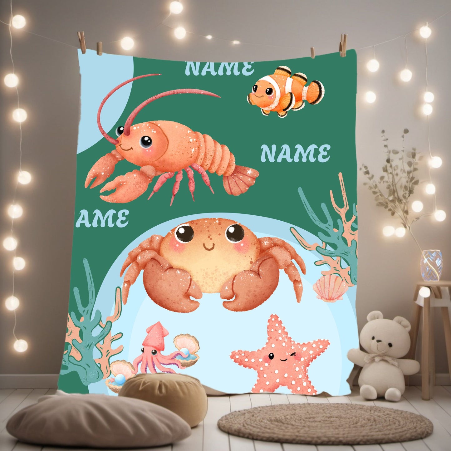 Personalized Ocean-Themed Velveteen Plush Blanket, Kids Beach Decor, Custom Name Gift, Nursery Room Accessories, Sea Life Throw