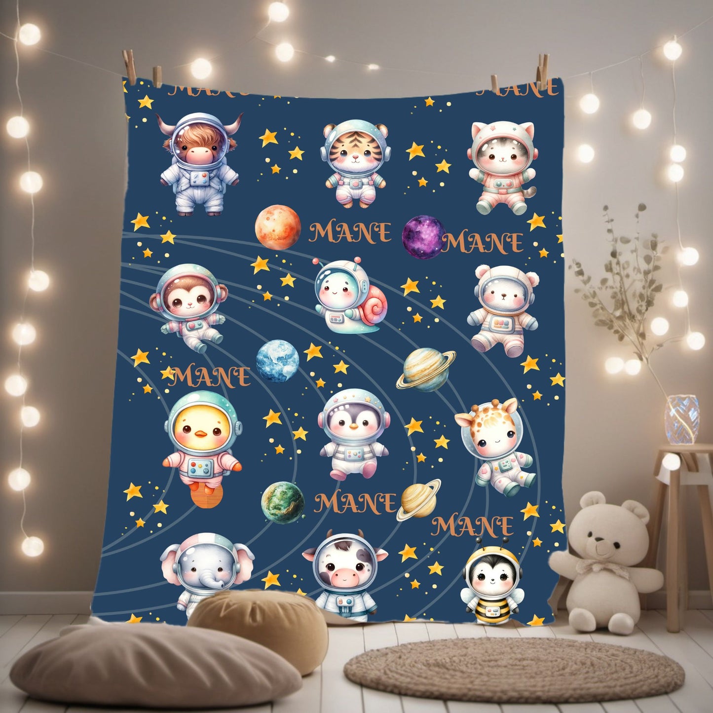 Personalized Space-Themed Velveteen Plush Blanket, Cozy Baby Gift, Celestial Nursery Decor, Custom Name Blanket, Soft Children's Throw
