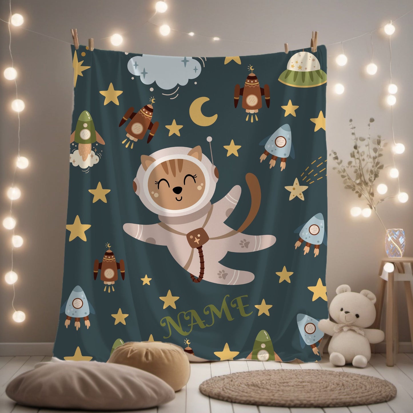 Kids Space Adventure Velveteen Plush Blanket, Nursery Decor, Cute Animals, Gifts for Toddler, Baby Shower, Cozy Throw