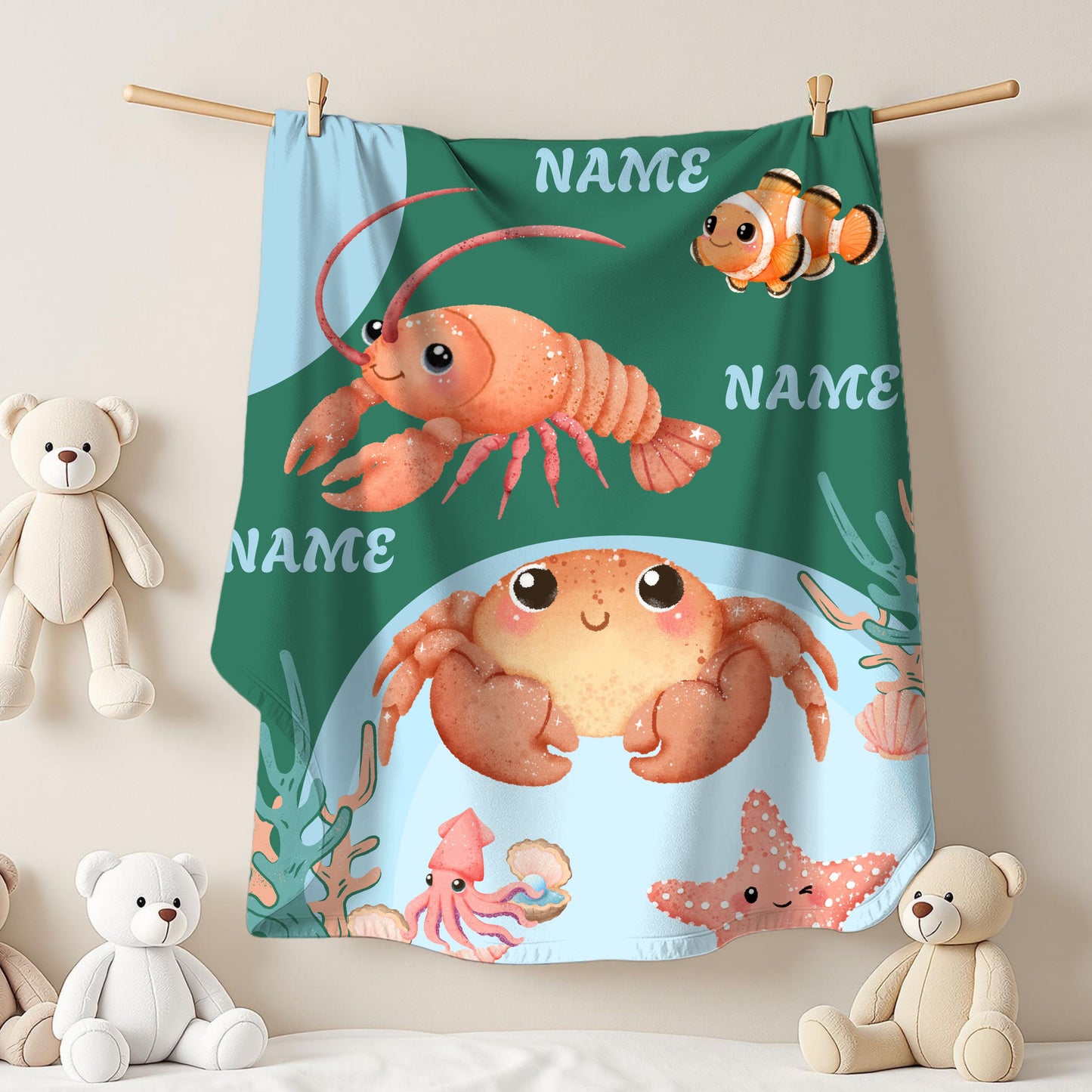 Personalized Ocean-Themed Velveteen Plush Blanket, Kids Beach Decor, Custom Name Gift, Nursery Room Accessories, Sea Life Throw