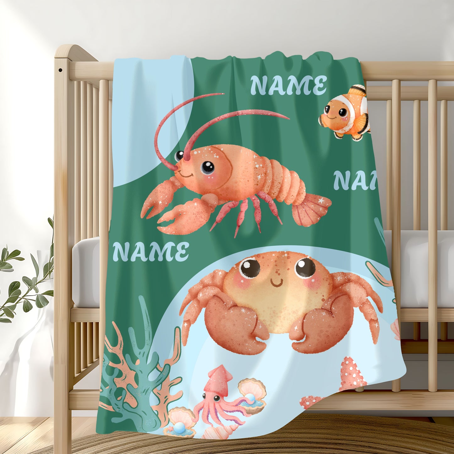 Personalized Ocean-Themed Velveteen Plush Blanket, Kids Beach Decor, Custom Name Gift, Nursery Room Accessories, Sea Life Throw