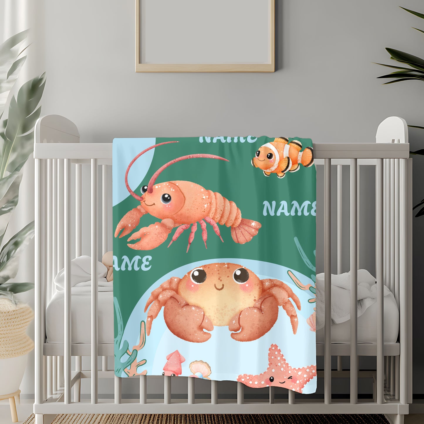 Personalized Ocean-Themed Velveteen Plush Blanket, Kids Beach Decor, Custom Name Gift, Nursery Room Accessories, Sea Life Throw