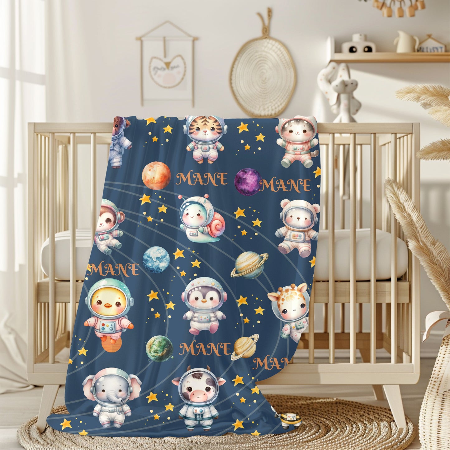 Personalized Space-Themed Velveteen Plush Blanket, Cozy Baby Gift, Celestial Nursery Decor, Custom Name Blanket, Soft Children's Throw