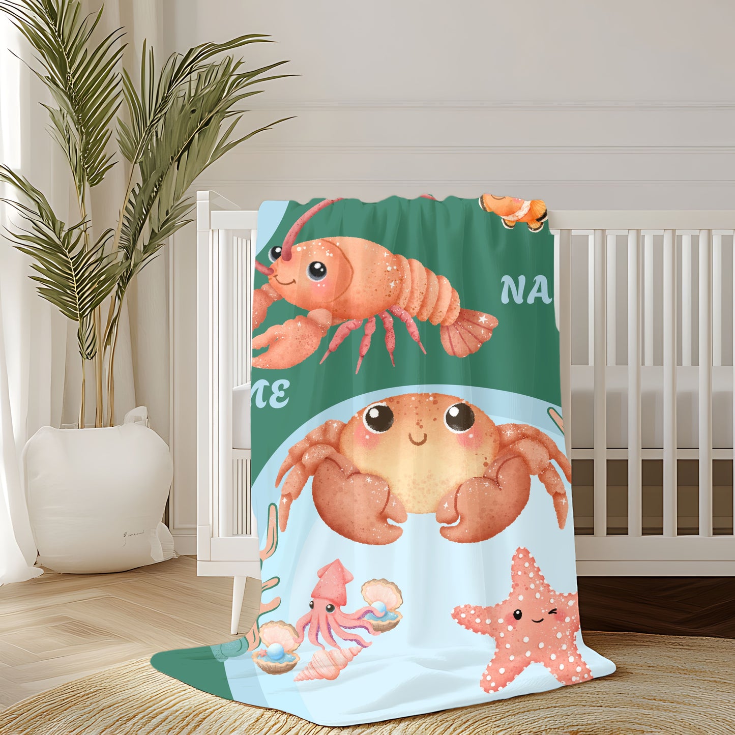Personalized Ocean-Themed Velveteen Plush Blanket, Kids Beach Decor, Custom Name Gift, Nursery Room Accessories, Sea Life Throw