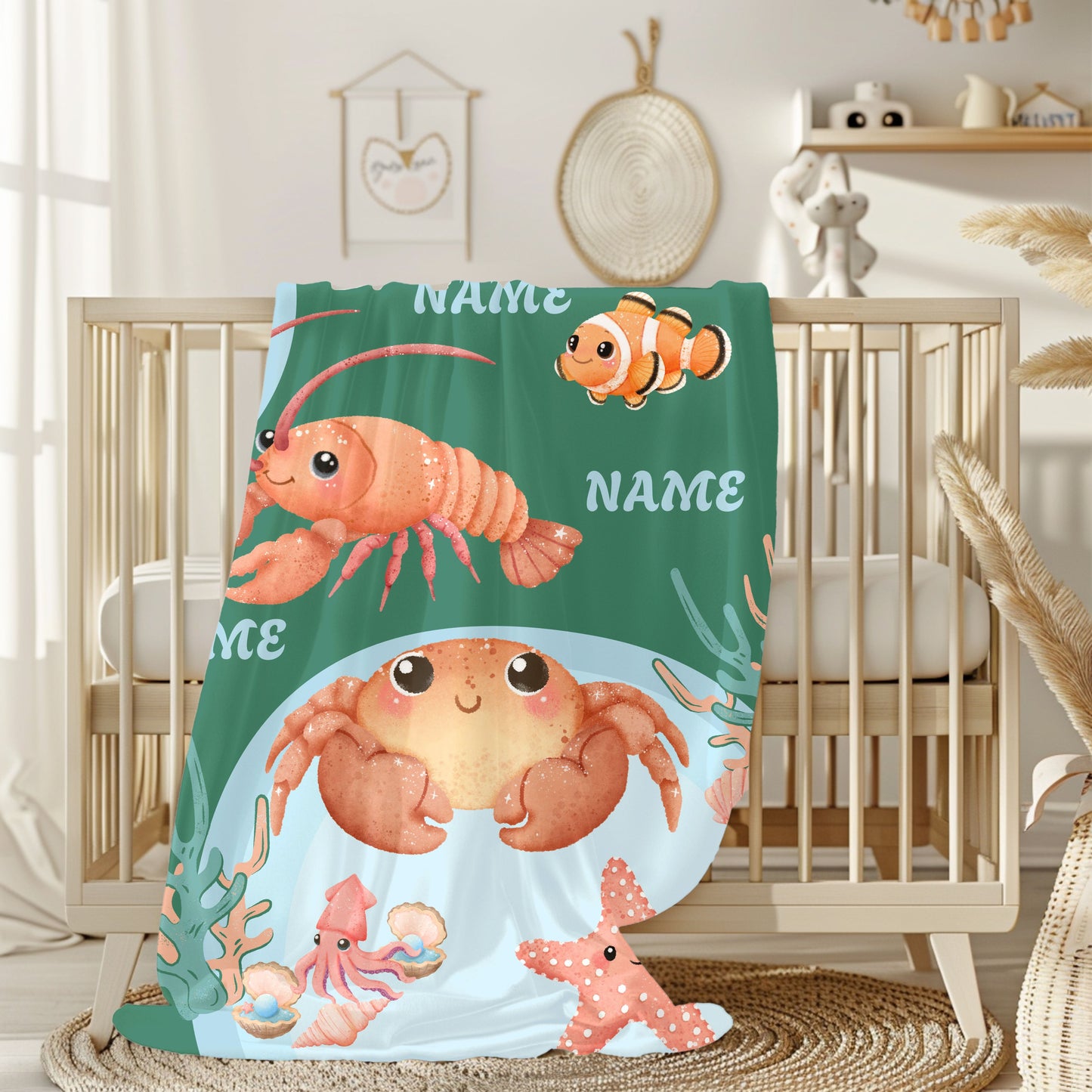 Personalized Ocean-Themed Velveteen Plush Blanket, Kids Beach Decor, Custom Name Gift, Nursery Room Accessories, Sea Life Throw