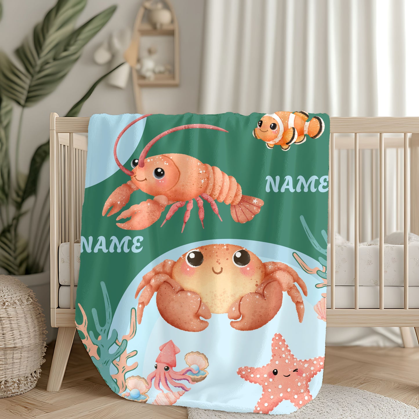 Personalized Ocean-Themed Velveteen Plush Blanket, Kids Beach Decor, Custom Name Gift, Nursery Room Accessories, Sea Life Throw