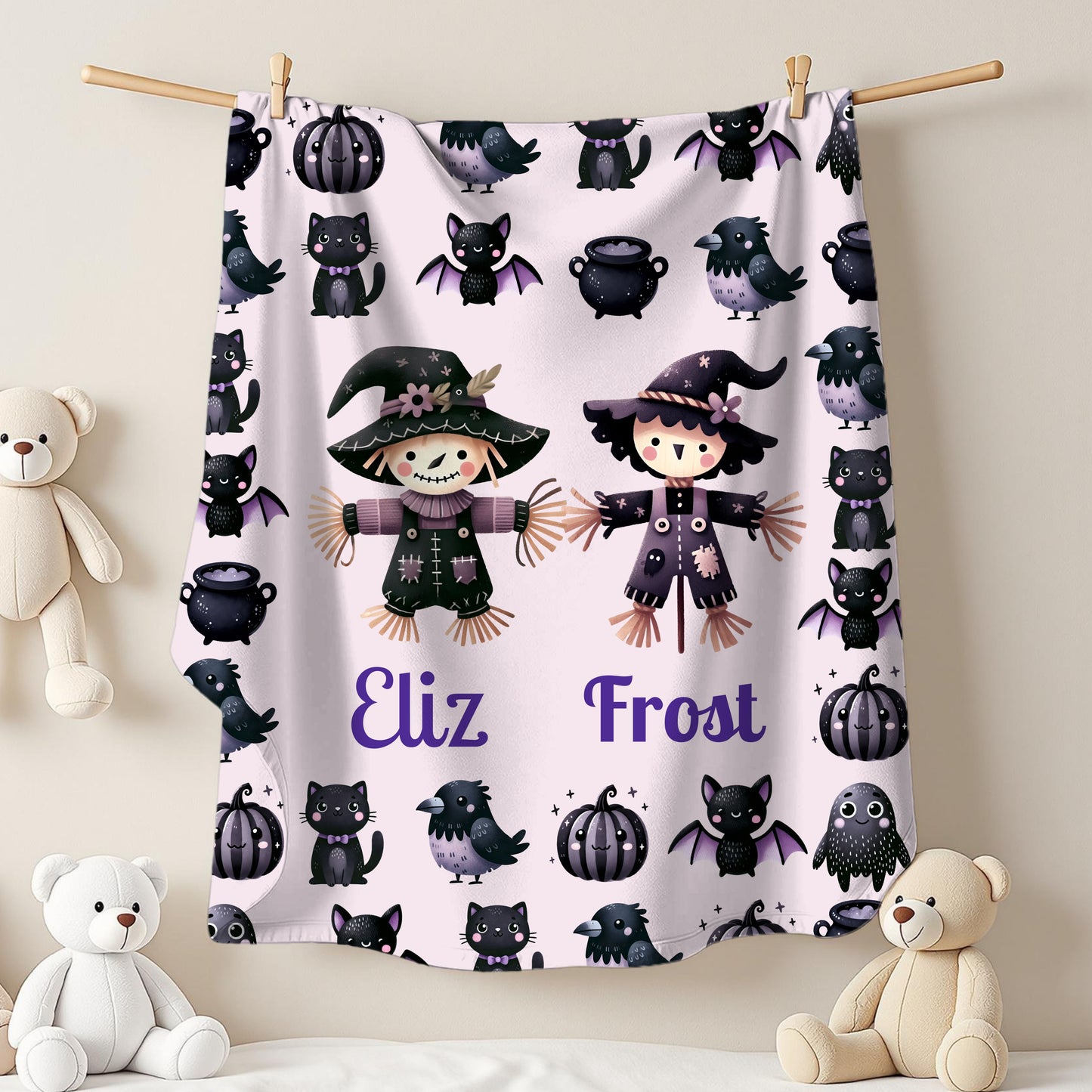 Personalized Halloween Velveteen Plush Blanket | Cozy Fall Decor, Unique Gift, Witch, Cat, Spooky Design, Kids' Bedroom, Halloween