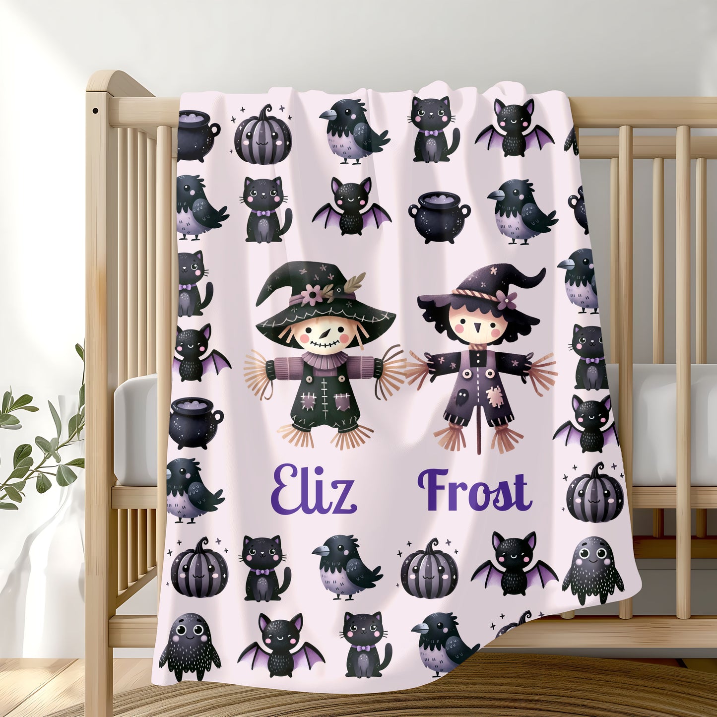 Personalized Halloween Velveteen Plush Blanket | Cozy Fall Decor, Unique Gift, Witch, Cat, Spooky Design, Kids' Bedroom, Halloween