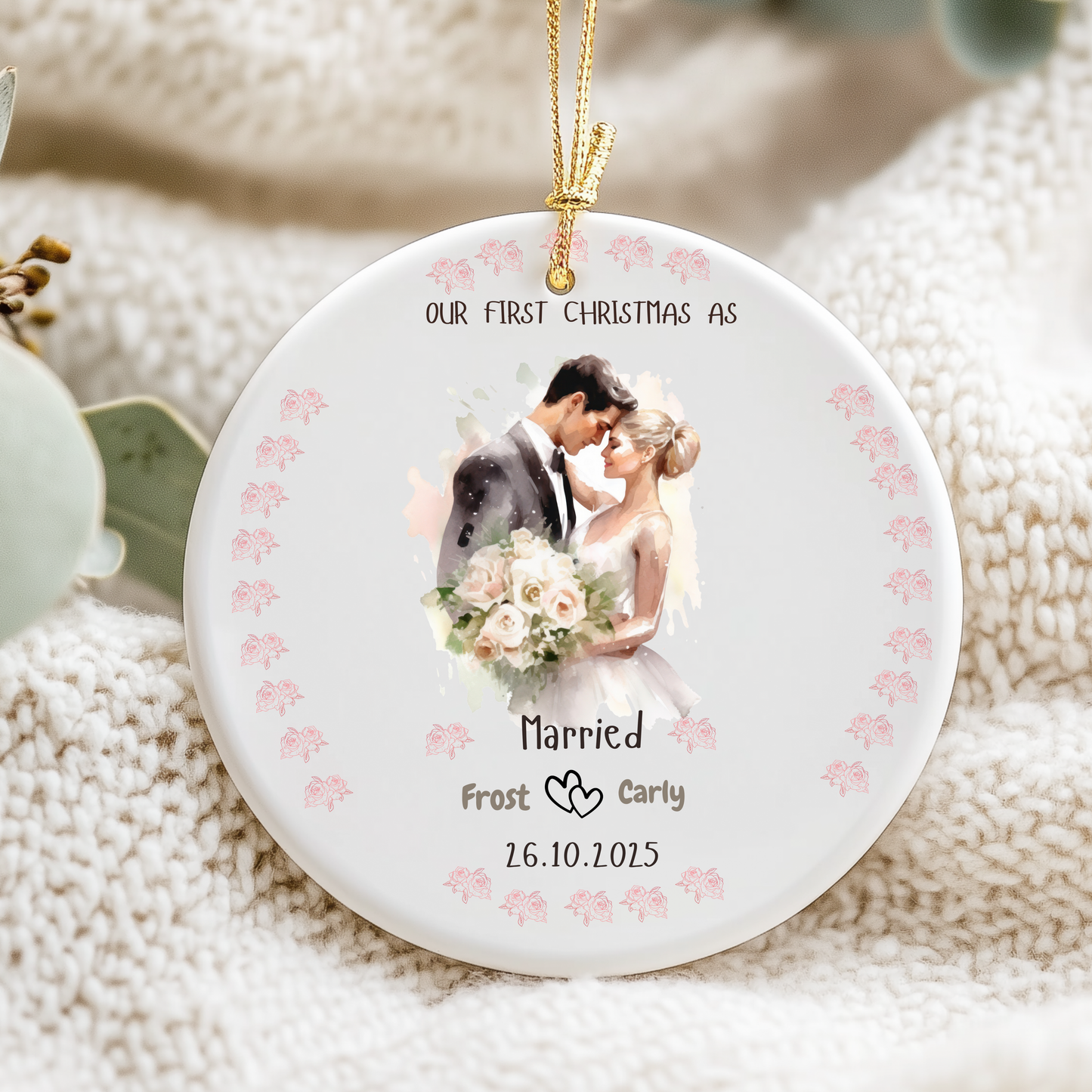 Personalized Wedding Ornament, Holiday Decor, First Christmas, Newlywed Keepsake, Romantic Gift, Home Decoration