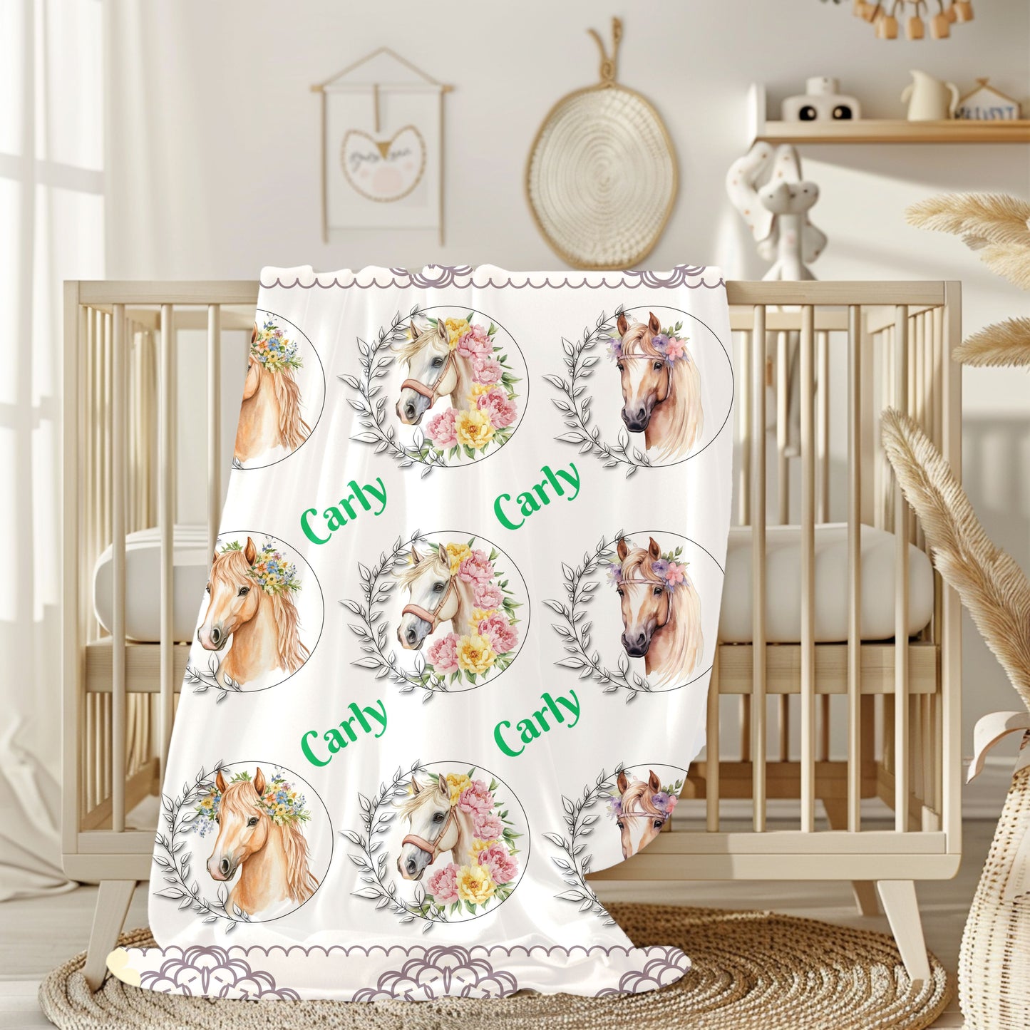 Personalized Horse Lover's Blanket, Velveteen Plush Blanket, Cozy Gift for Kids, Horse-Themed Decor, Unique Nursery Item