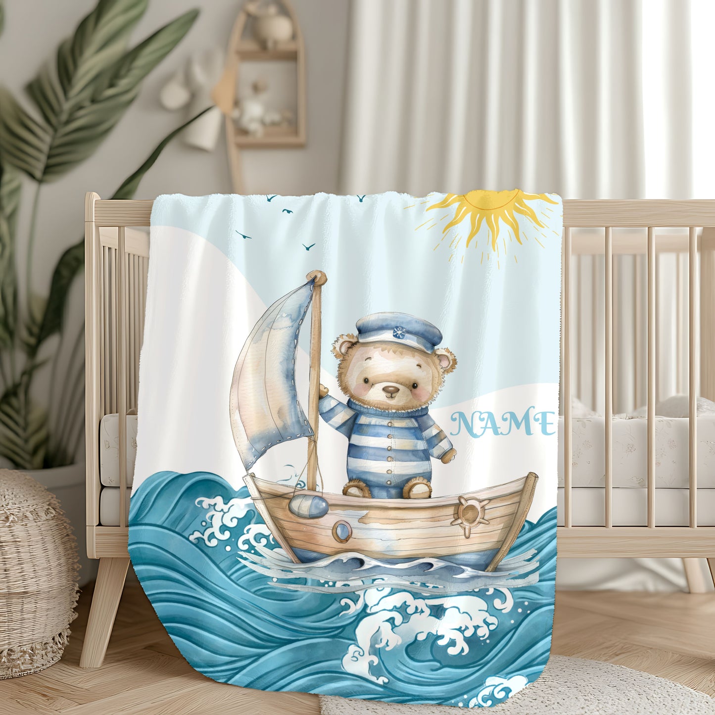 Nautical Bear Plush Blanket, Personalized Baby Blanket, Nursery Decor, Gift for New Parents, Cozy Blanket for Kids