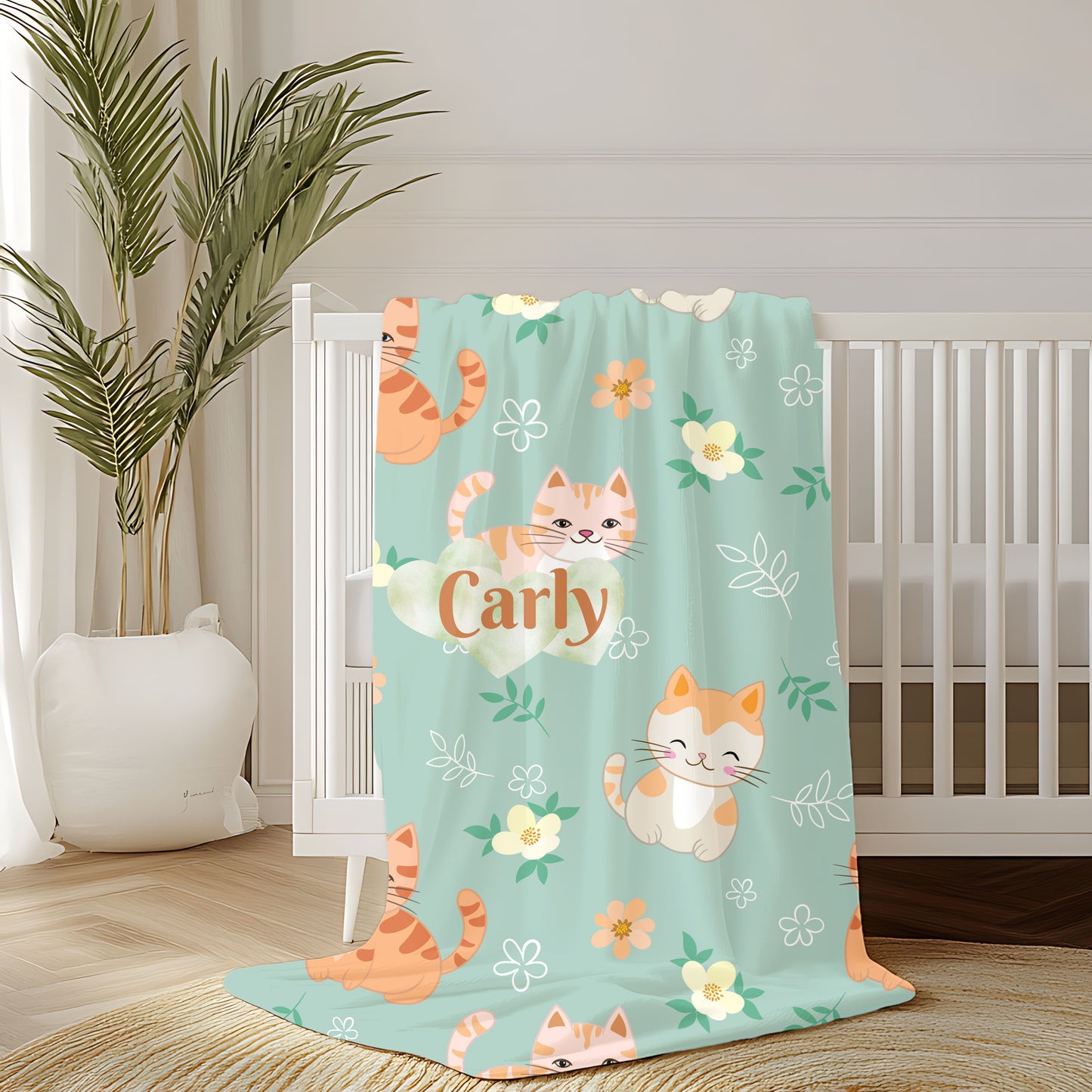 Personalized Cat Plush Blanket, Cozy Throw for Cat Lovers, Gift for Kids, Custom Name Blanket, Cat Lover Home Decor, Cute Floral Blanket