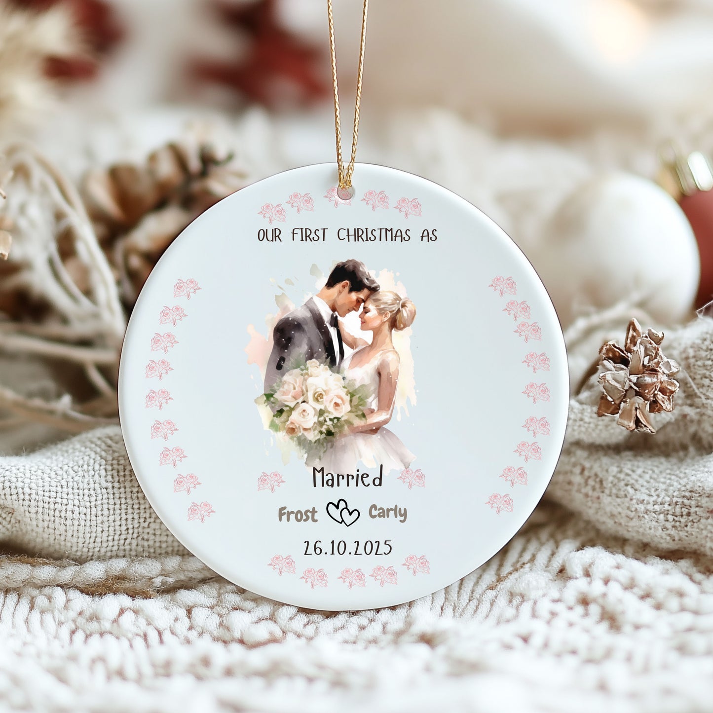 Personalized Wedding Ornament, Holiday Decor, First Christmas, Newlywed Keepsake, Romantic Gift, Home Decoration
