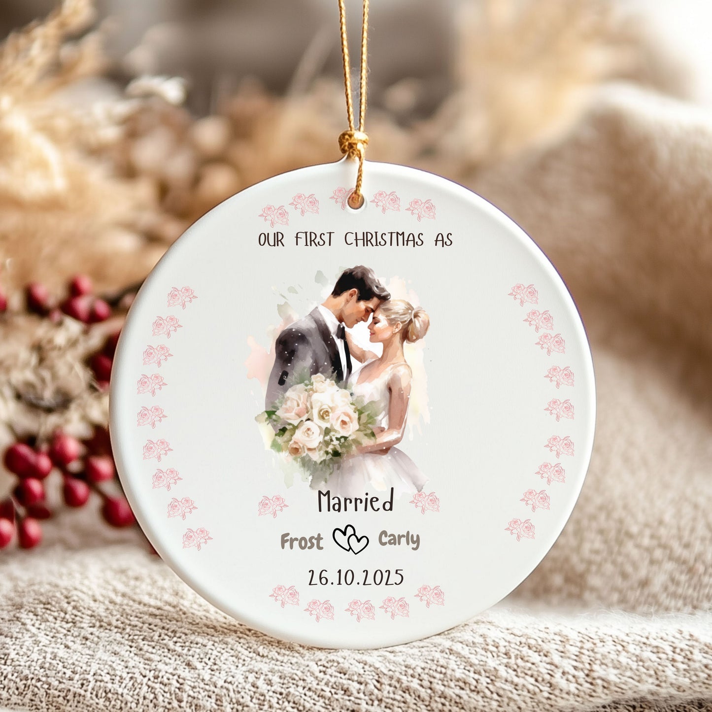 Personalized Wedding Ornament, Holiday Decor, First Christmas, Newlywed Keepsake, Romantic Gift, Home Decoration