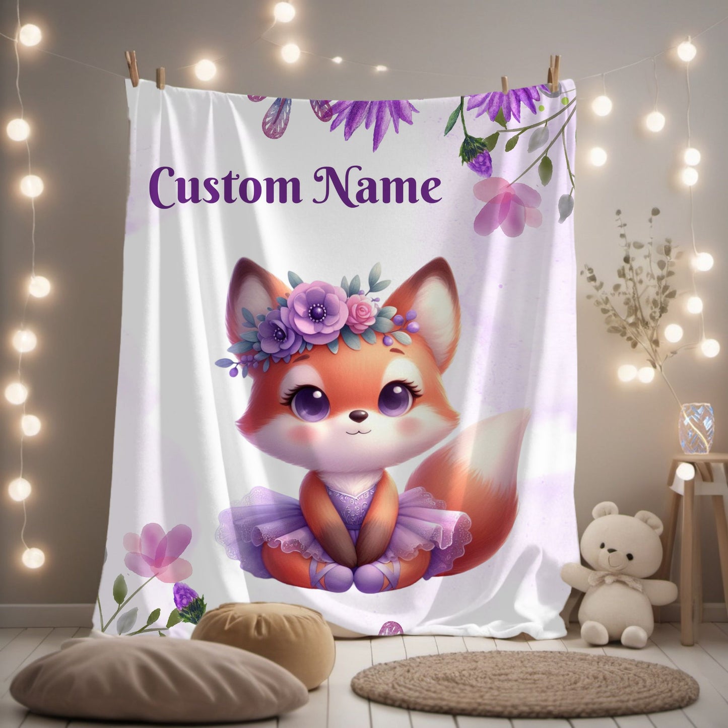 Customizable Velveteen Plush Blanket with Adorable Fox Design, Cozy Gift for Kids, Nursery Decor, Personalized Throw, Soft Bedroom Accent