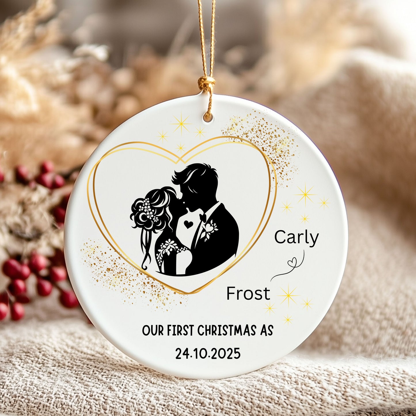 Personalized Wedding Ornament, First Christmas Together, Couples Gift, Ceramic Tree Decor, Heart Shape Keepsake