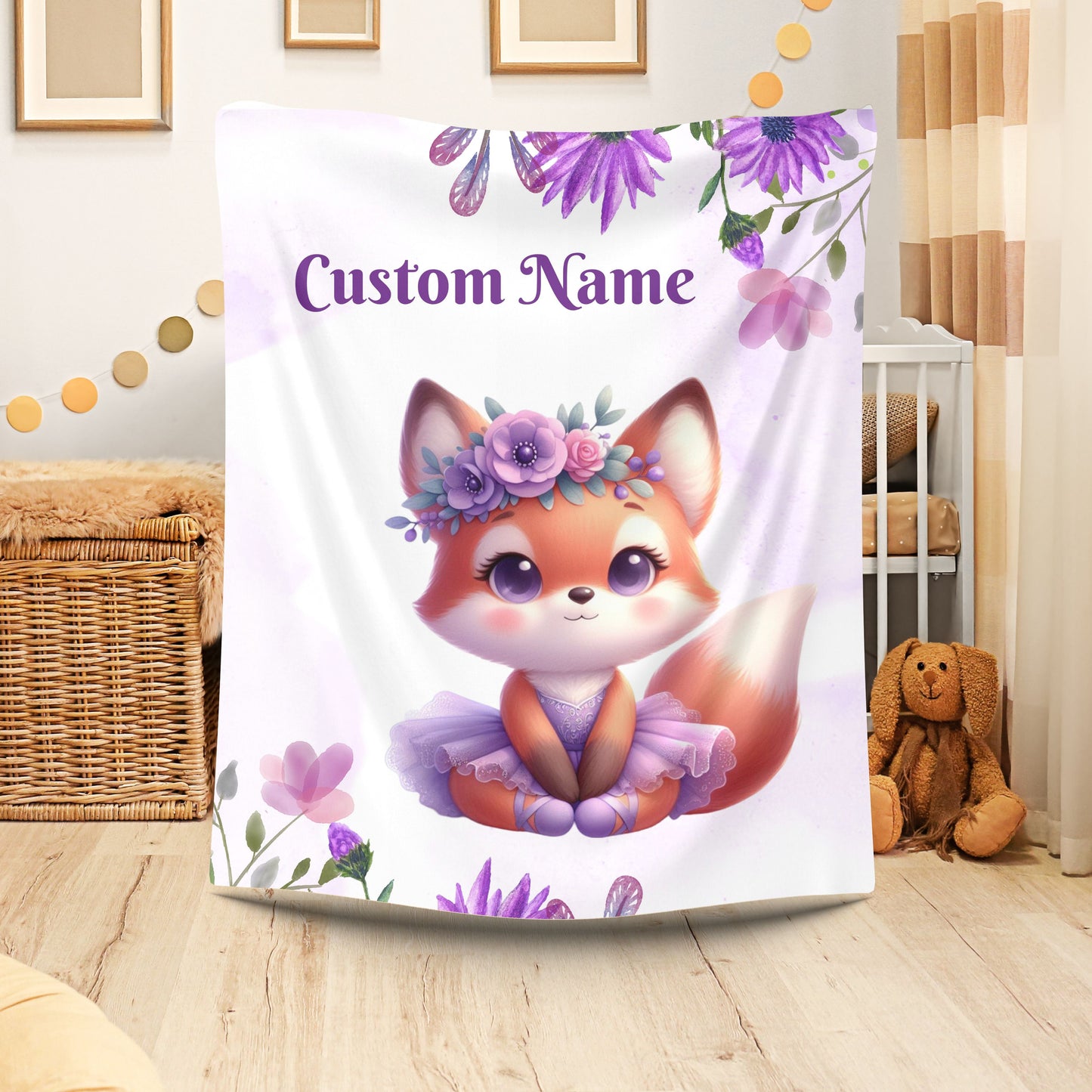 Customizable Velveteen Plush Blanket with Adorable Fox Design, Cozy Gift for Kids, Nursery Decor, Personalized Throw, Soft Bedroom Accent