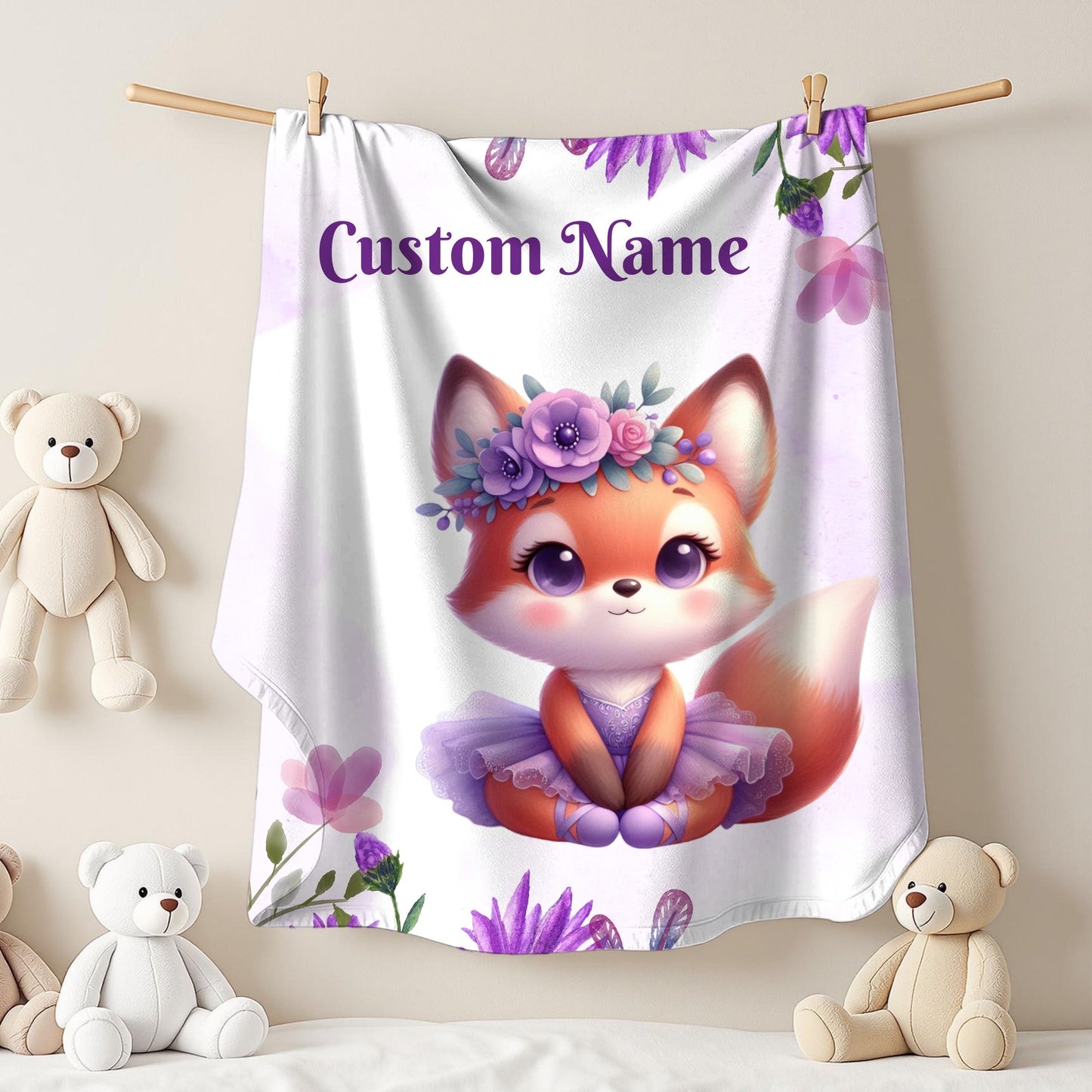 Customizable Velveteen Plush Blanket with Adorable Fox Design, Cozy Gift for Kids, Nursery Decor, Personalized Throw, Soft Bedroom Accent