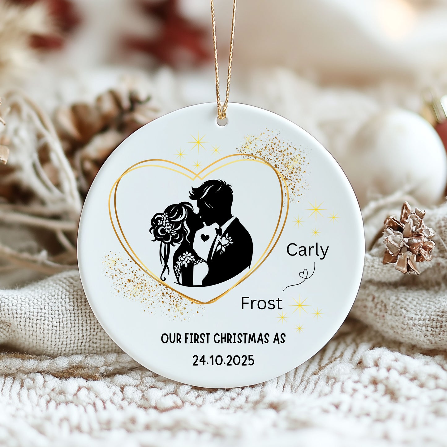 Personalized Wedding Ornament, First Christmas Together, Couples Gift, Ceramic Tree Decor, Heart Shape Keepsake