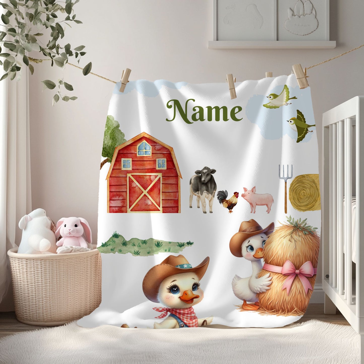 Personalized Farm Animal Velveteen Blanket, Cute Nursery Decor, Baby Shower Gift, Cozy Plush Throw, Customized Name Comfort