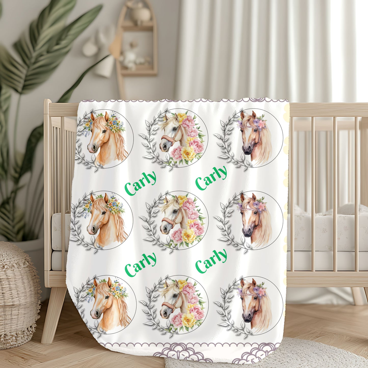 Personalized Horse Lover's Blanket, Velveteen Plush Blanket, Cozy Gift for Kids, Horse-Themed Decor, Unique Nursery Item