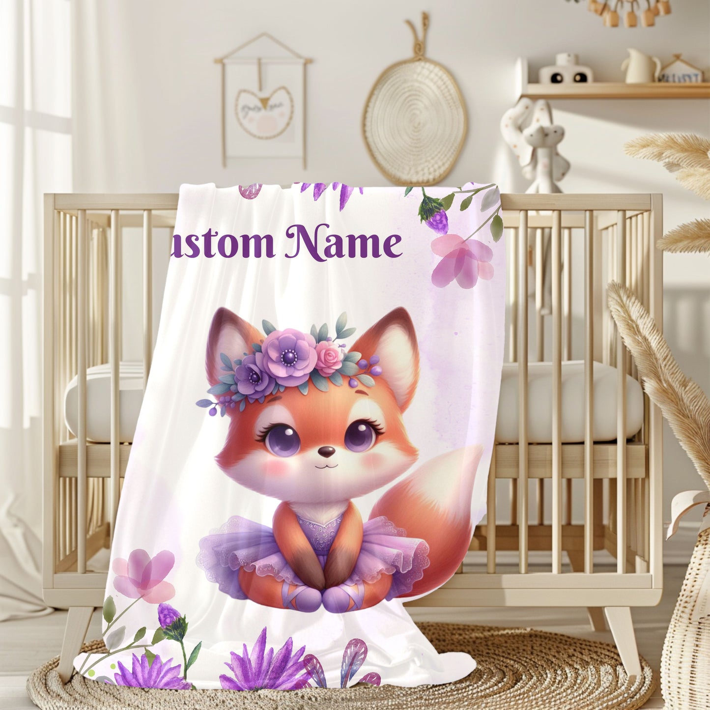 Customizable Velveteen Plush Blanket with Adorable Fox Design, Cozy Gift for Kids, Nursery Decor, Personalized Throw, Soft Bedroom Accent