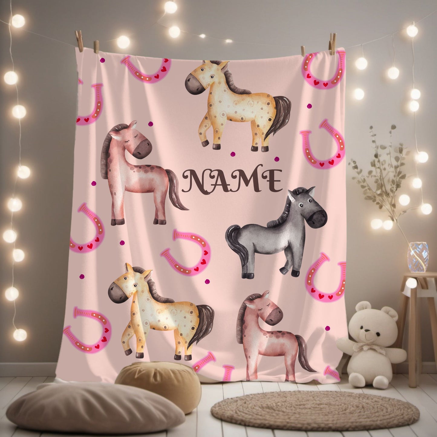Personalized Horse-Themed Velveteen Plush Blanket, Cozy Nursery Décor, Gifts for Kids, Horse Lover's Gift, Animal Lover Blanket