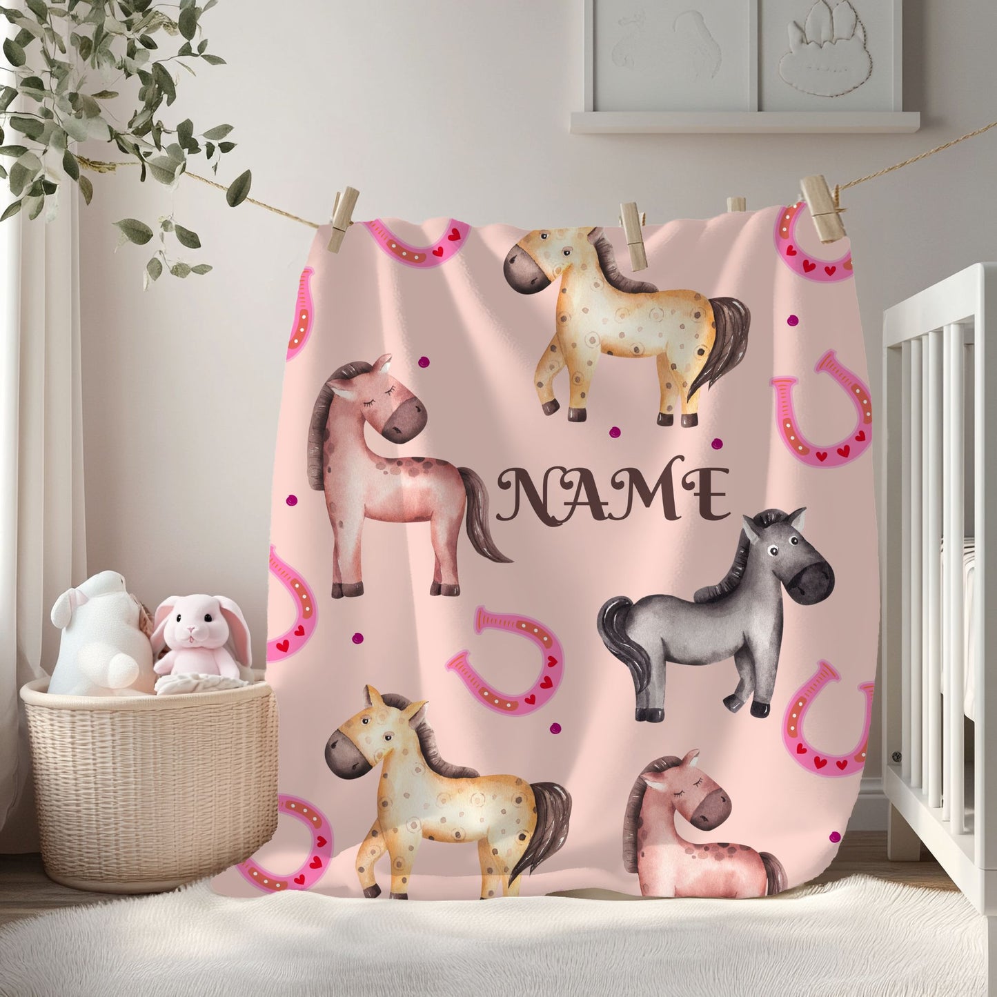 Personalized Horse-Themed Velveteen Plush Blanket, Cozy Nursery Décor, Gifts for Kids, Horse Lover's Gift, Animal Lover Blanket