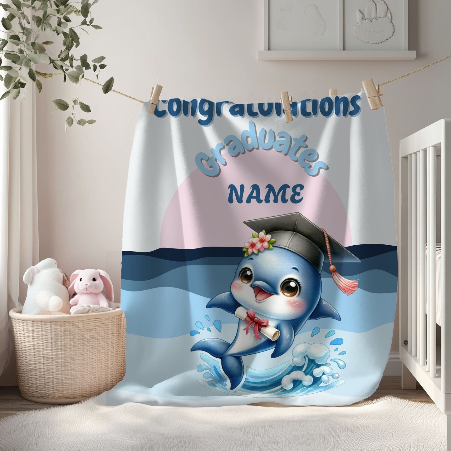 Personalized Graduation Dolphin Plush Blanket, Soft Velveteen Throw, Gift for Graduates, Kids Dorm Decor, Beach Vibes Blanket