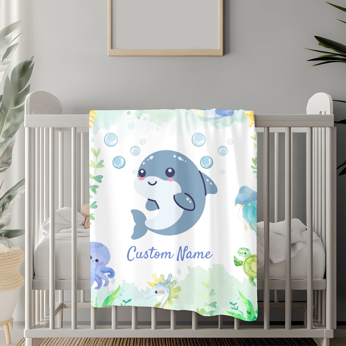 Customizable Velveteen Plush Blanket with Cute Marine Design, Ideal for Kids' Rooms, Gifts for Birthdays, Showers, and Holidays, Cozy Decor