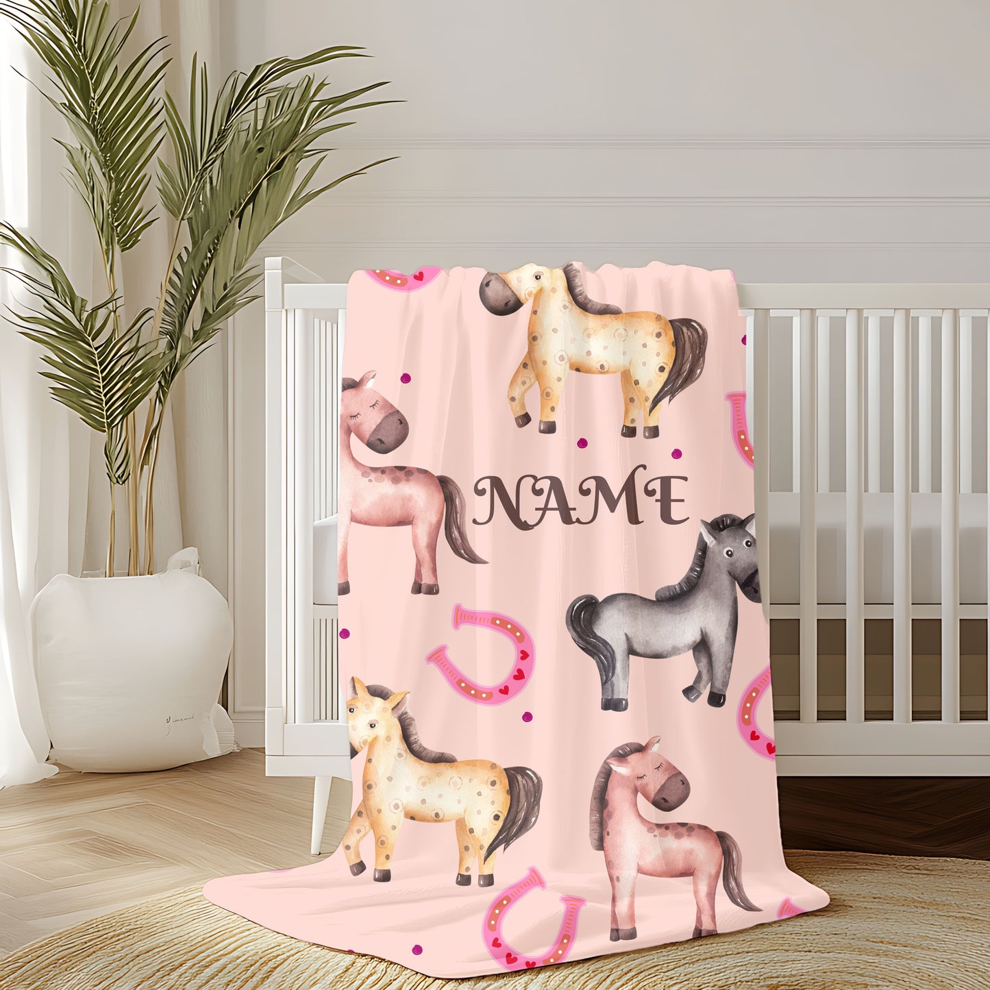 Personalized Horse-Themed Velveteen Plush Blanket, Cozy Nursery Décor, Gifts for Kids, Horse Lover's Gift, Animal Lover Blanket