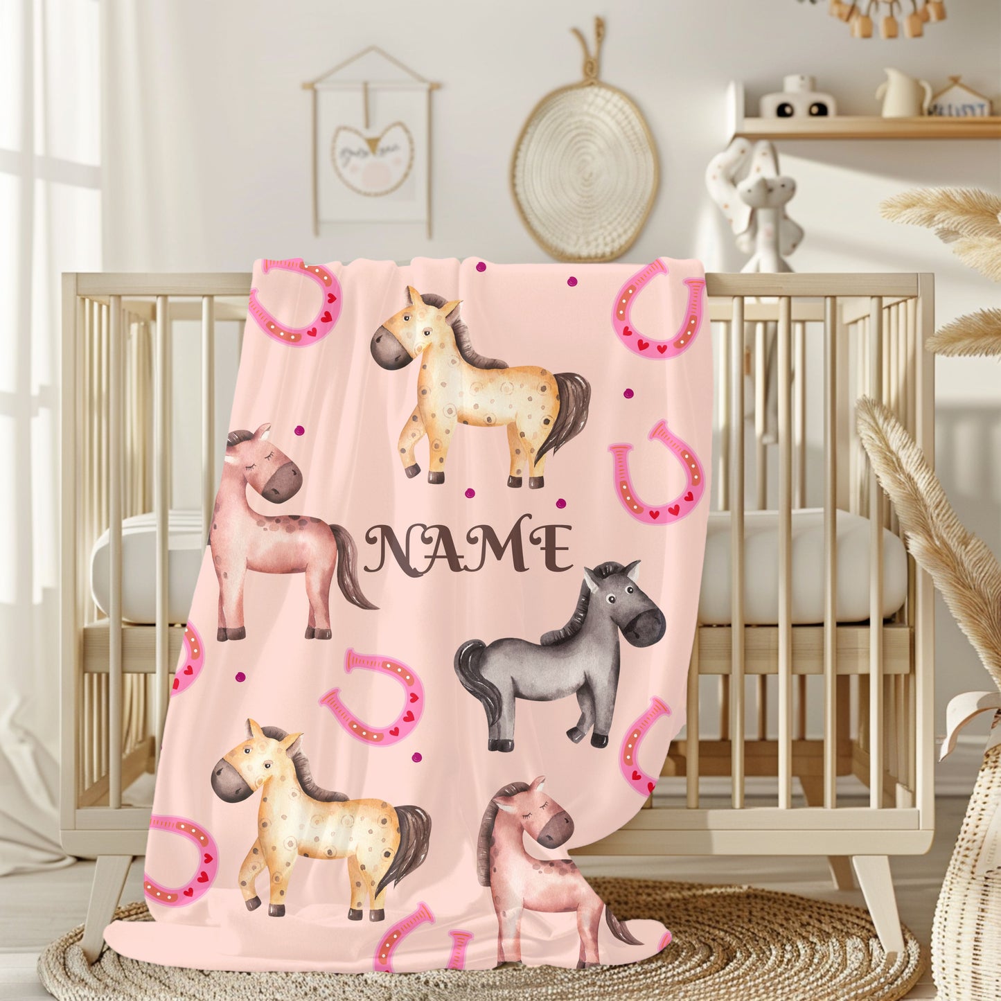 Personalized Horse-Themed Velveteen Plush Blanket, Cozy Nursery Décor, Gifts for Kids, Horse Lover's Gift, Animal Lover Blanket