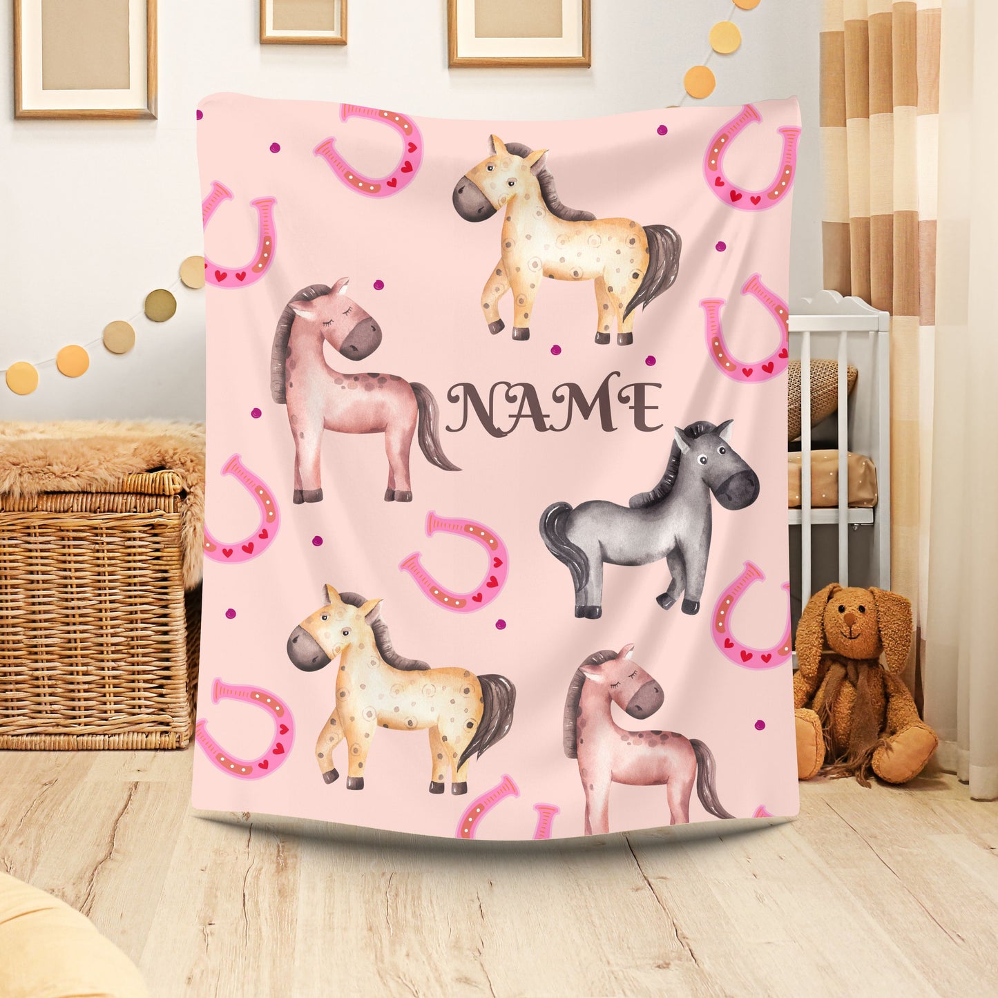 Personalized Horse-Themed Velveteen Plush Blanket, Cozy Nursery Décor, Gifts for Kids, Horse Lover's Gift, Animal Lover Blanket