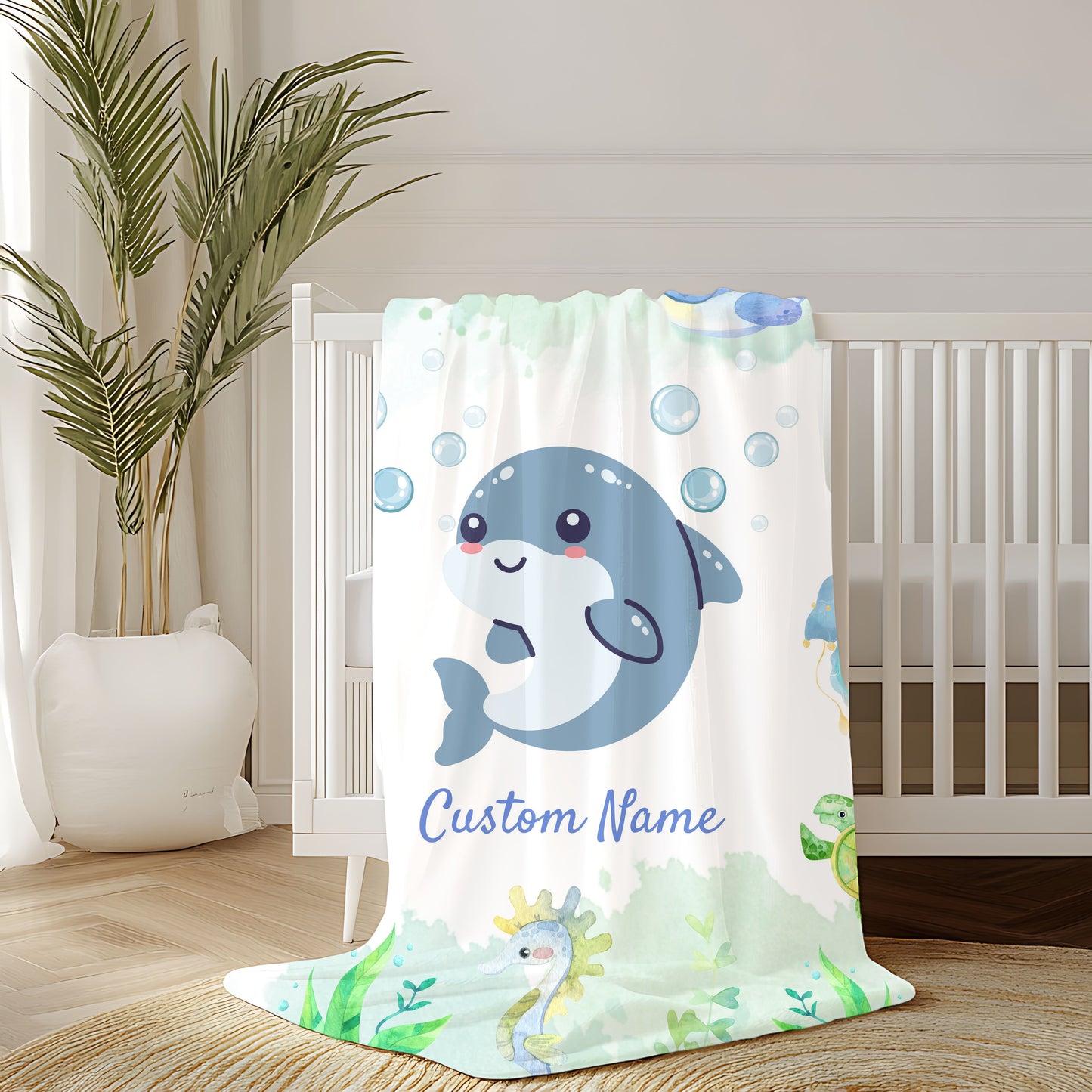 Customizable Velveteen Plush Blanket with Cute Marine Design, Ideal for Kids' Rooms, Gifts for Birthdays, Showers, and Holidays, Cozy Decor