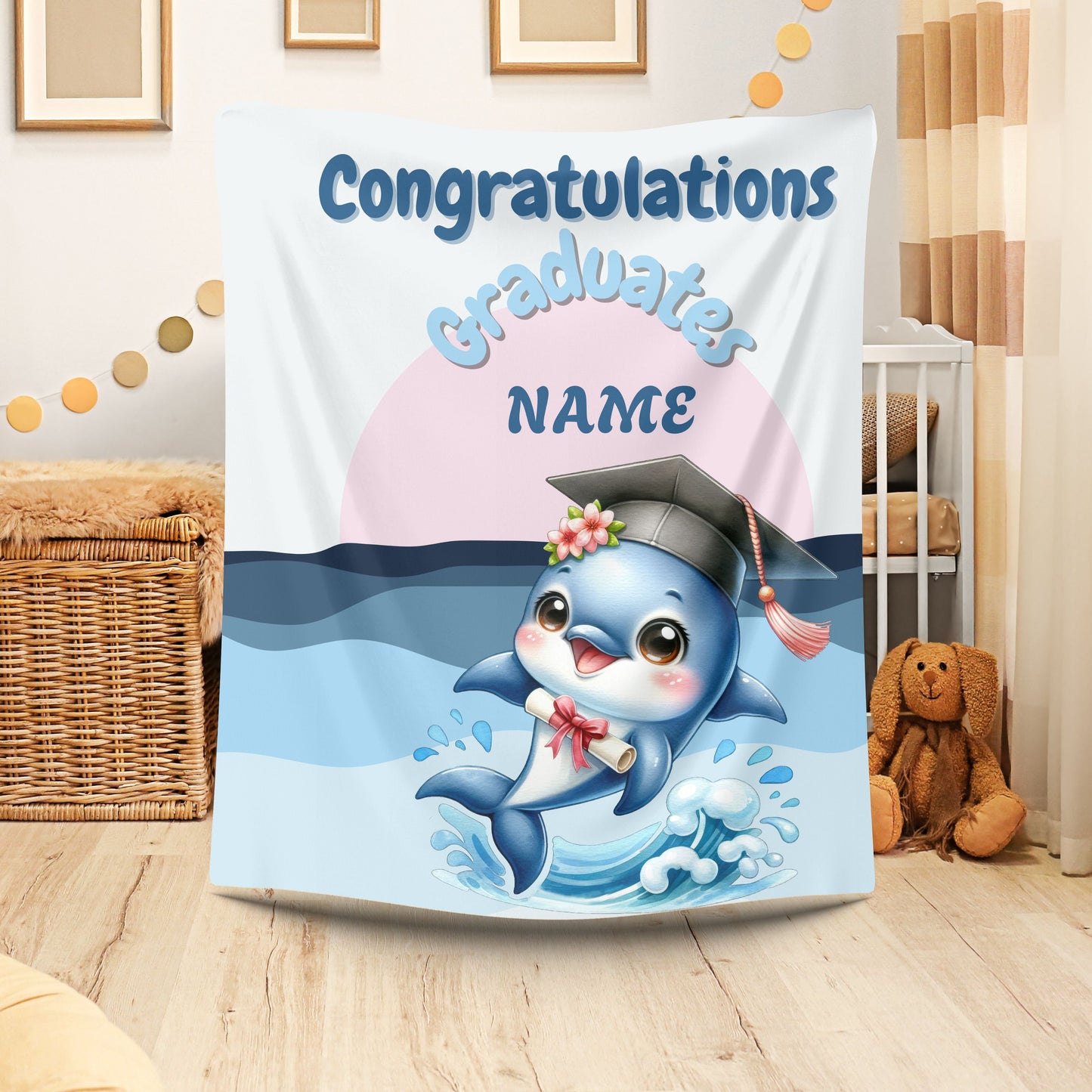 Personalized Graduation Dolphin Plush Blanket, Soft Velveteen Throw, Gift for Graduates, Kids Dorm Decor, Beach Vibes Blanket