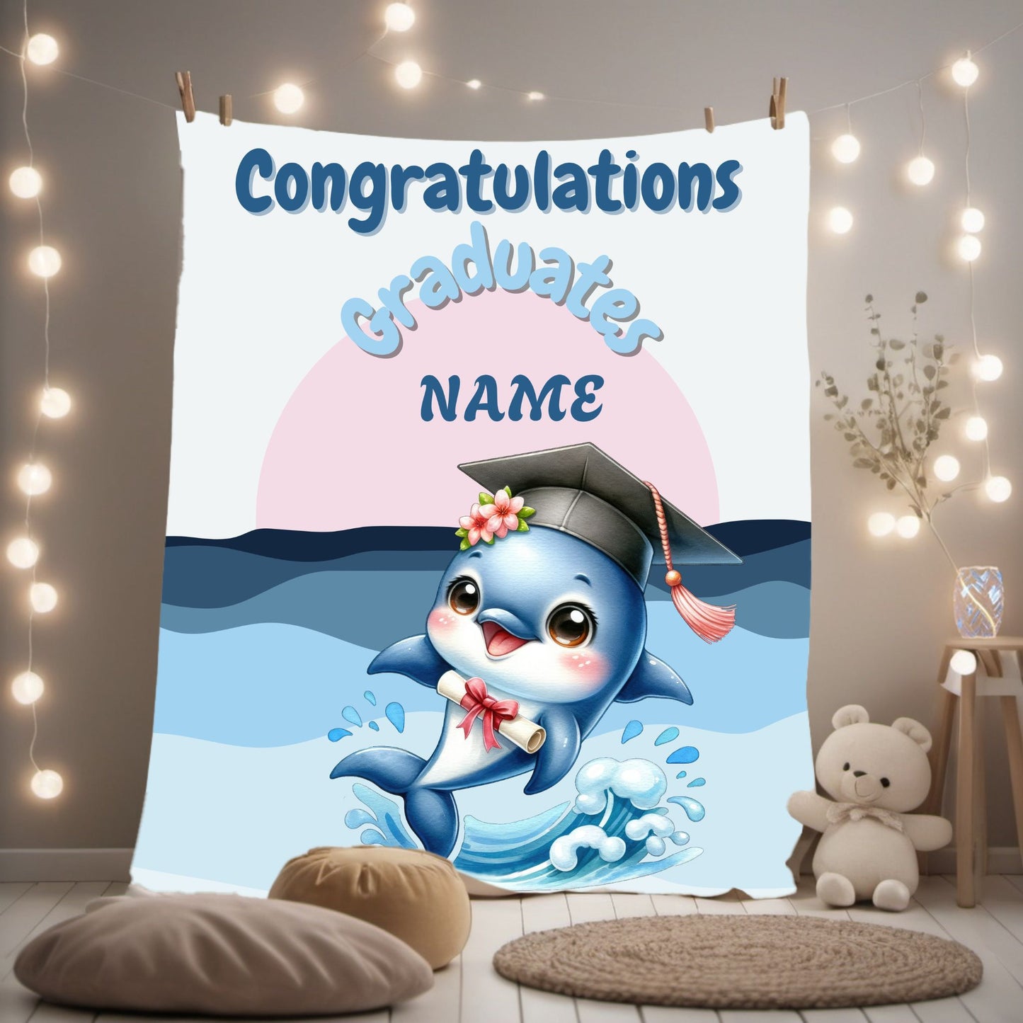 Personalized Graduation Dolphin Plush Blanket, Soft Velveteen Throw, Gift for Graduates, Kids Dorm Decor, Beach Vibes Blanket