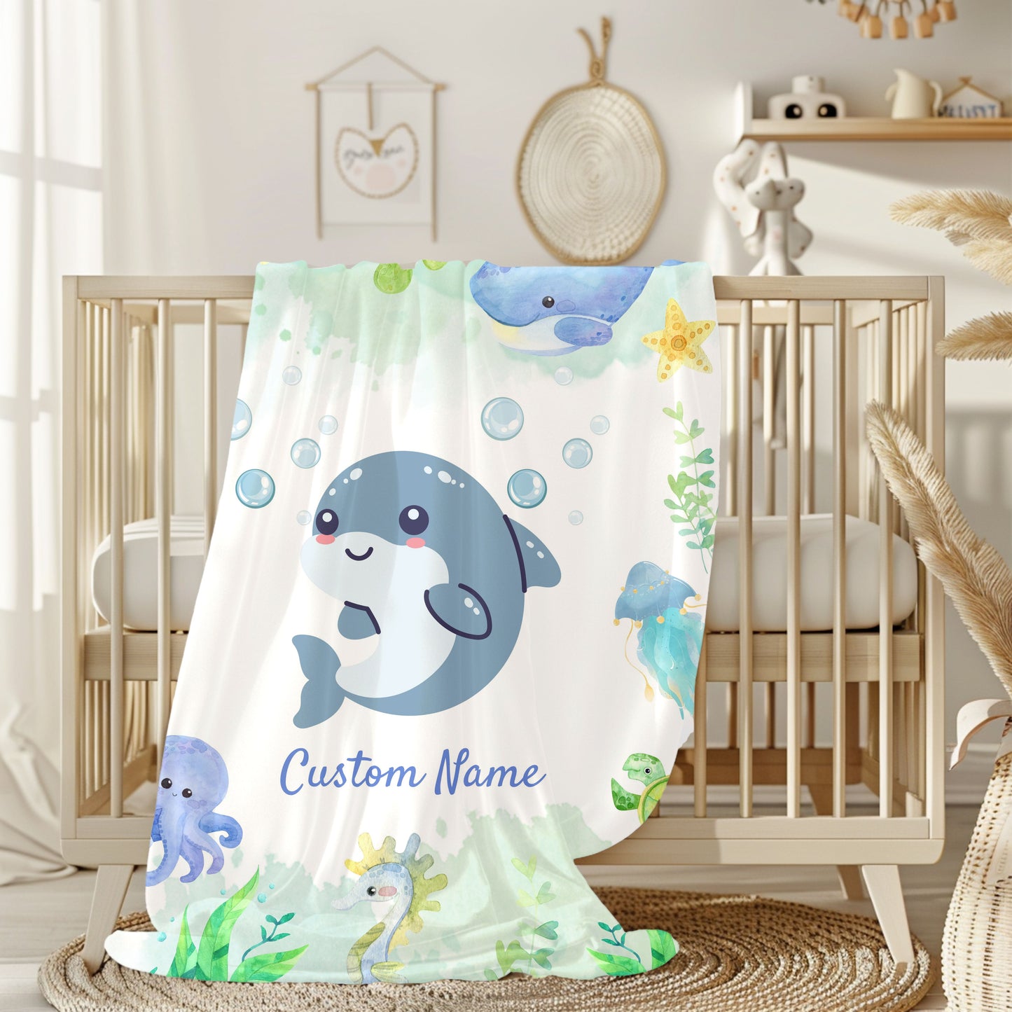 Customizable Velveteen Plush Blanket with Cute Marine Design, Ideal for Kids' Rooms, Gifts for Birthdays, Showers, and Holidays, Cozy Decor