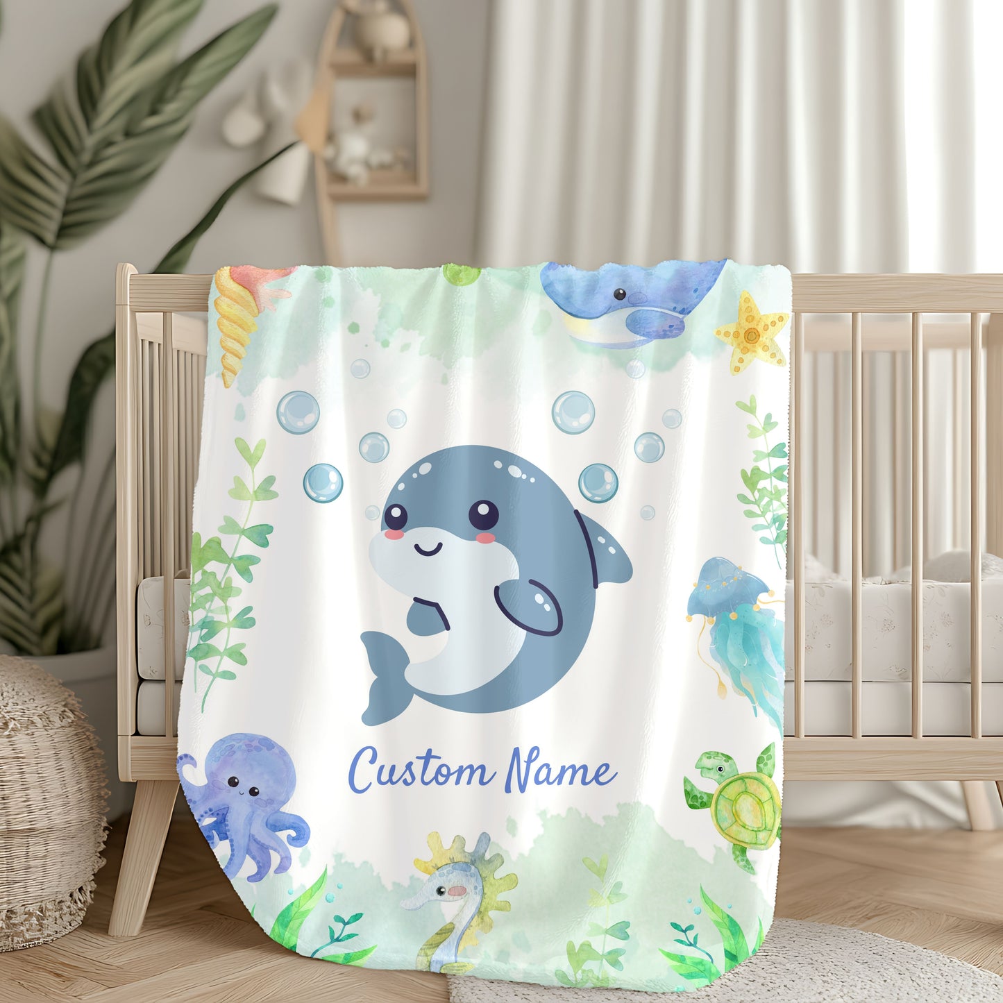 Customizable Velveteen Plush Blanket with Cute Marine Design, Ideal for Kids' Rooms, Gifts for Birthdays, Showers, and Holidays, Cozy Decor